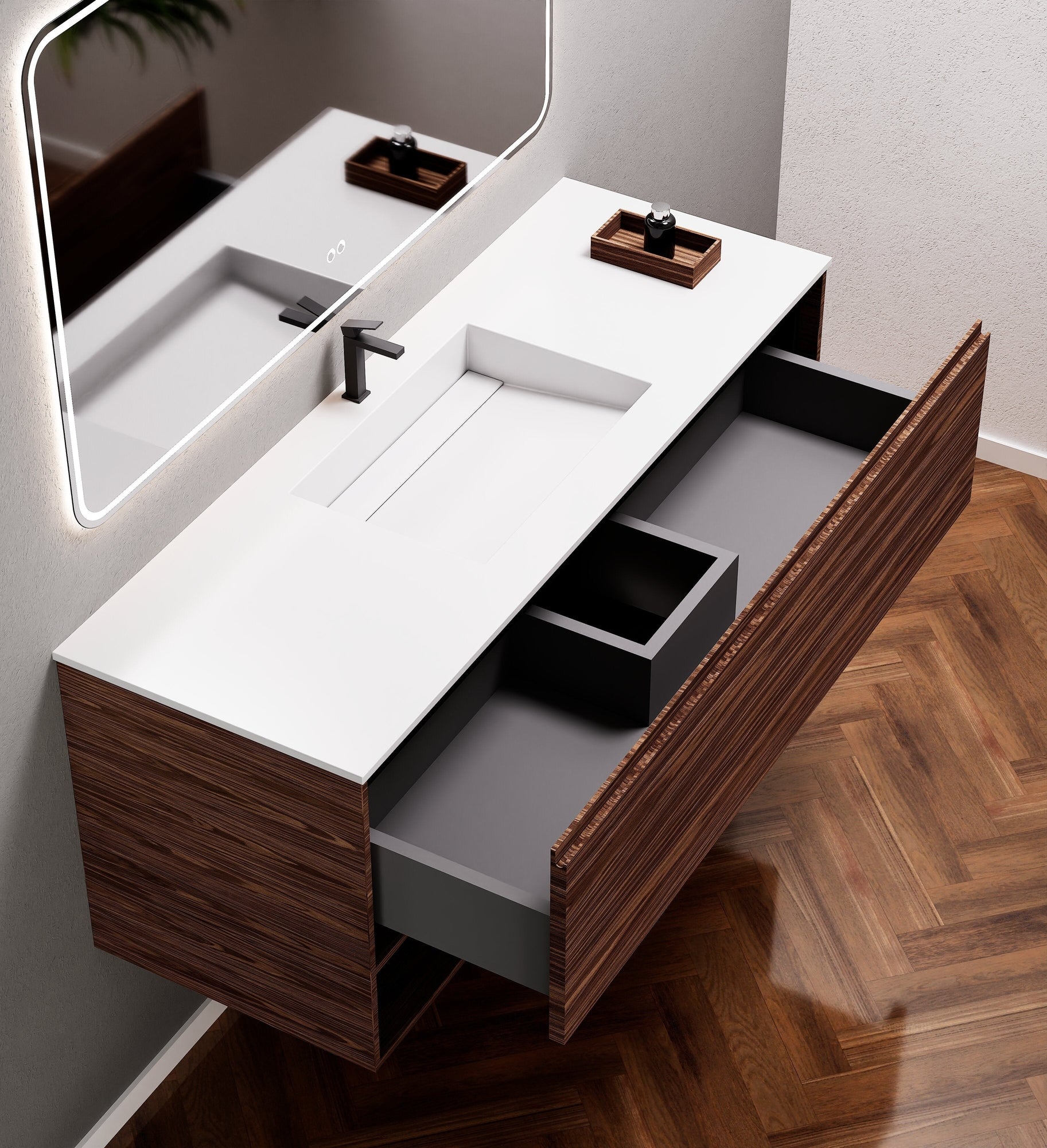 Aurora Frame – Corian® Basin with 1 Drawer and Bottom Shelf - ROVALUX