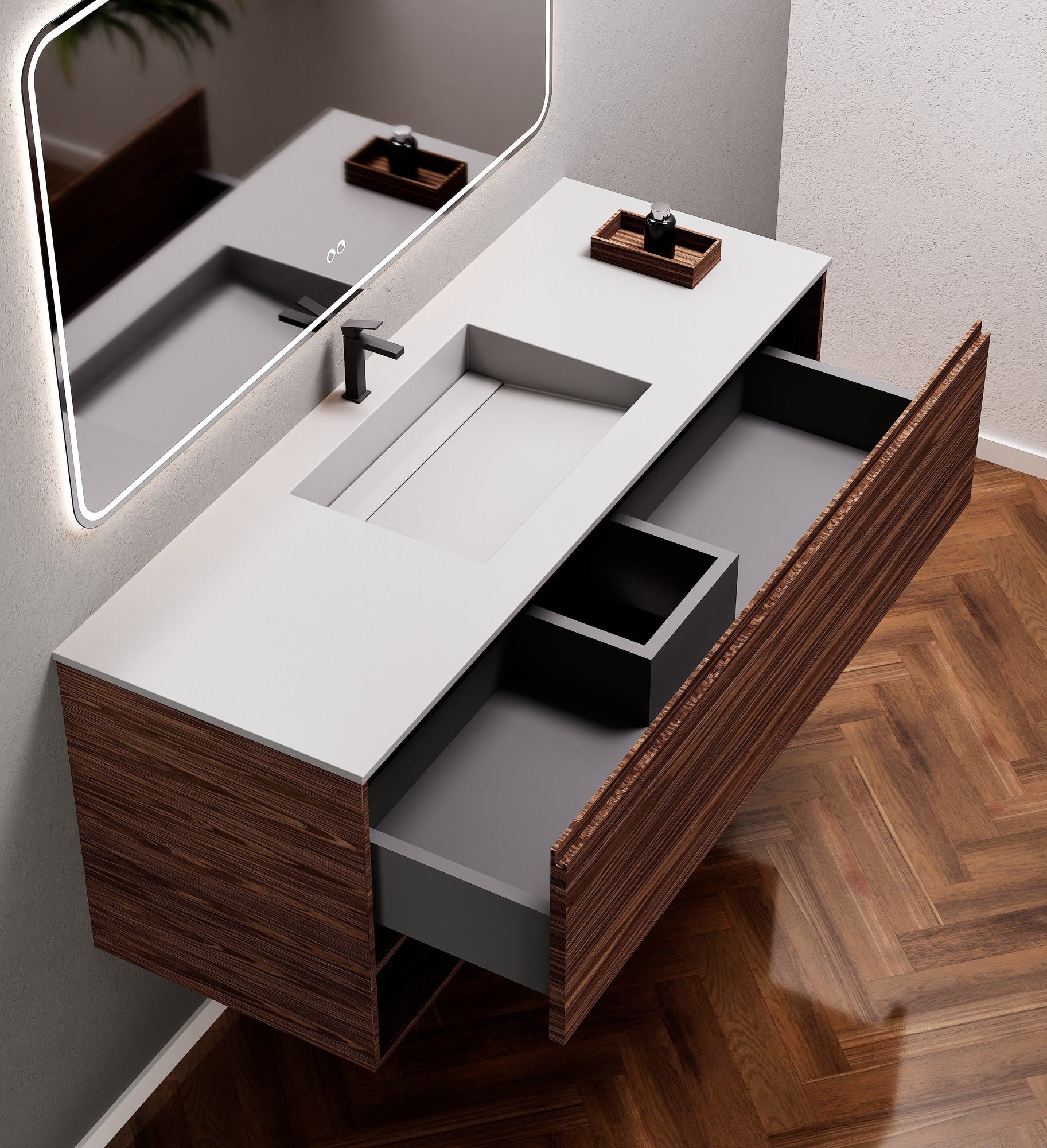 Aurora Frame – Corian® Basin with 1 Drawer and Bottom Shelf - ROVALUX
