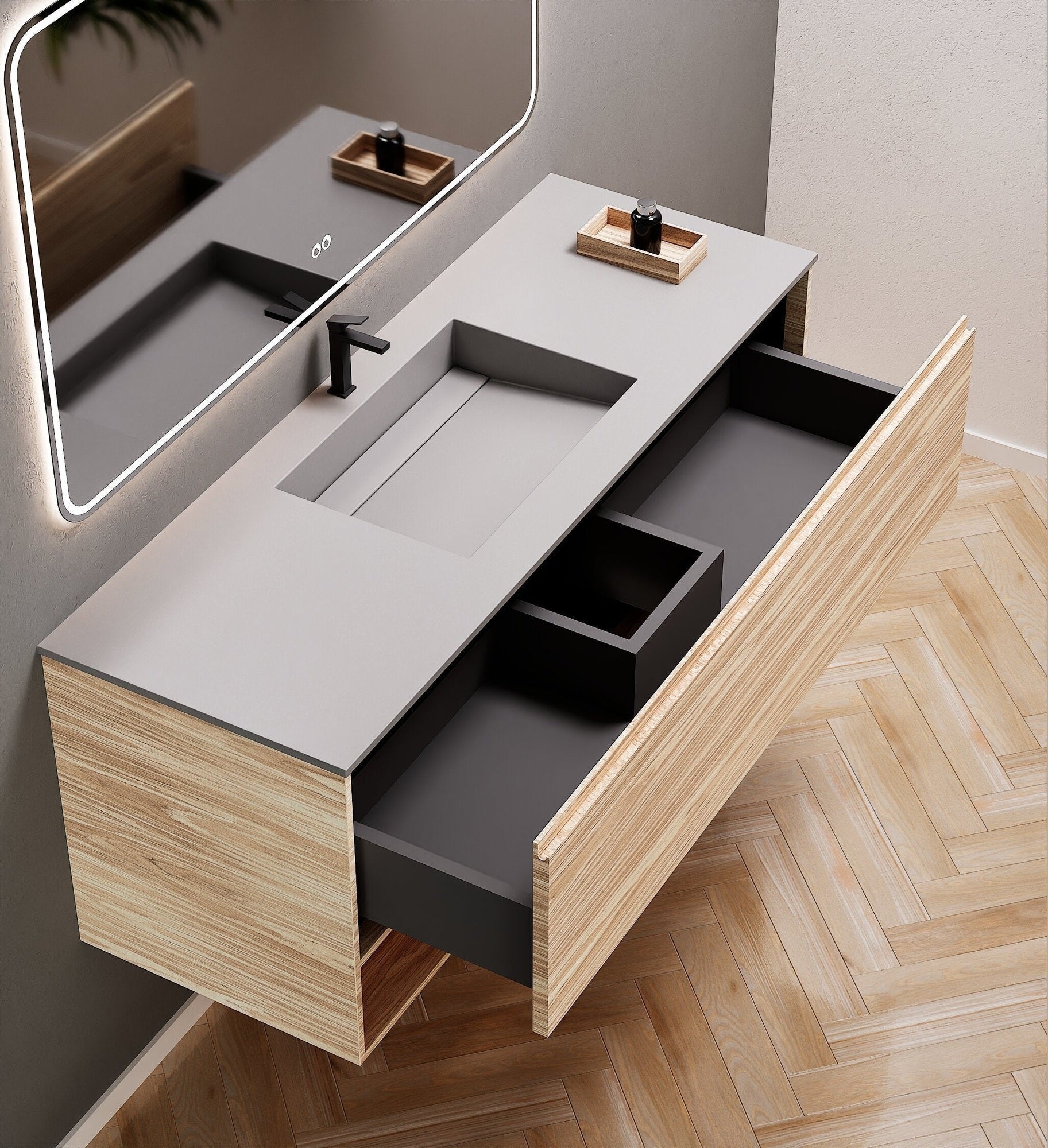 Aurora Frame – Corian® Basin with 1 Drawer and Bottom Shelf - ROVALUX