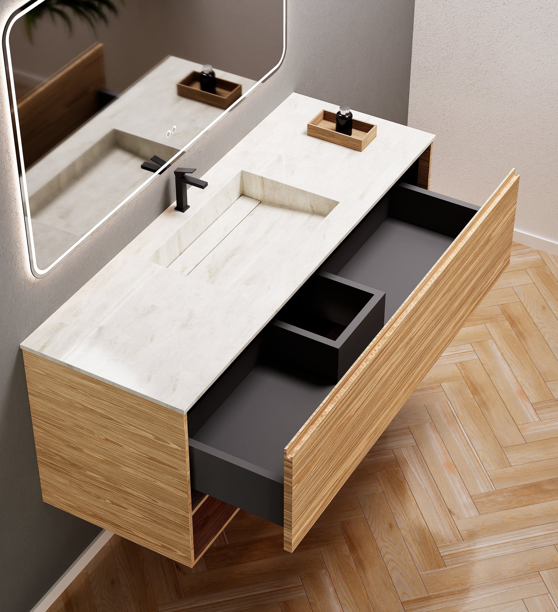Aurora Frame – Corian® Basin with 1 Drawer and Bottom Shelf - ROVALUX