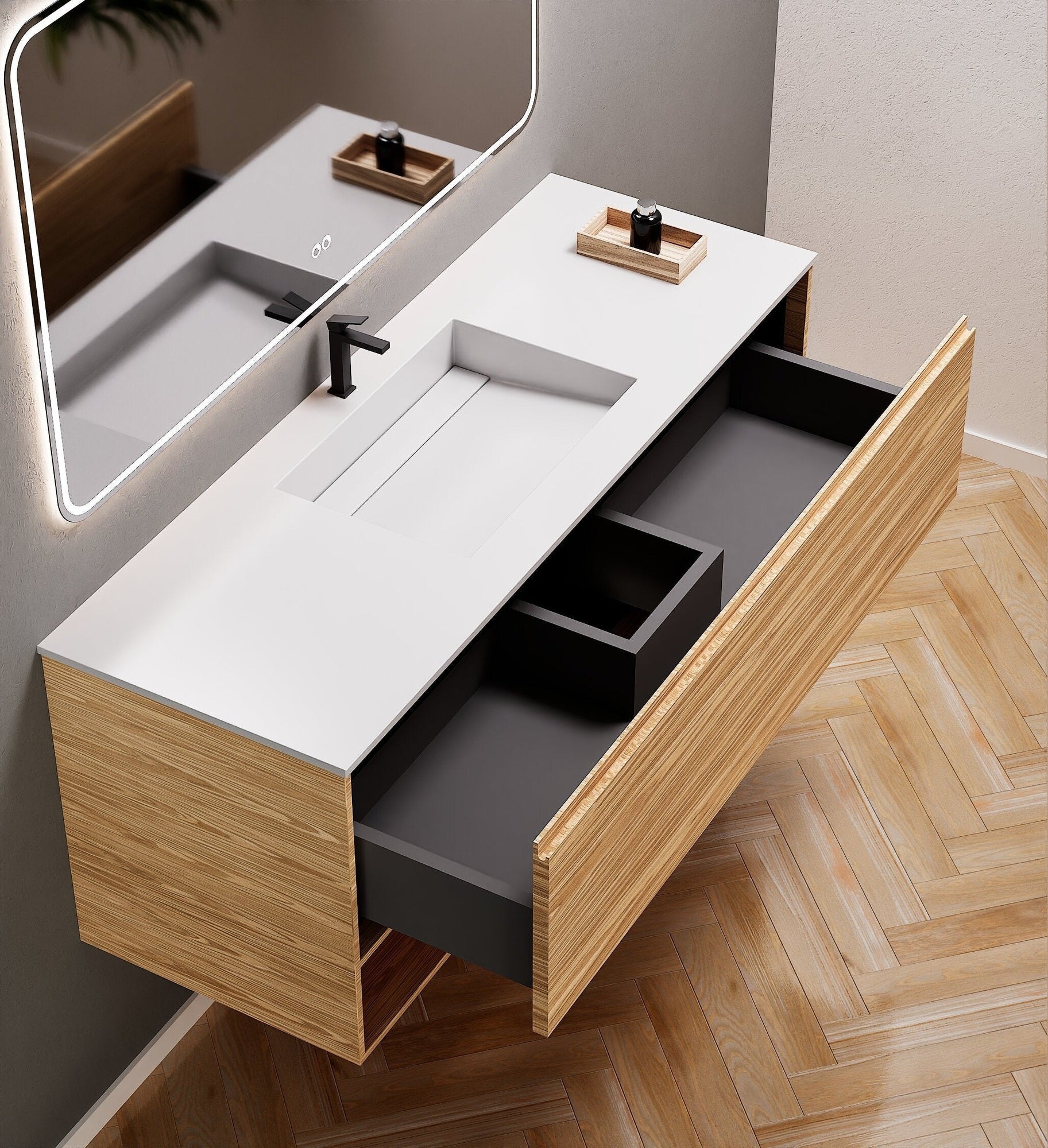 Aurora Frame – Corian® Basin with 1 Drawer and Bottom Shelf - ROVALUX