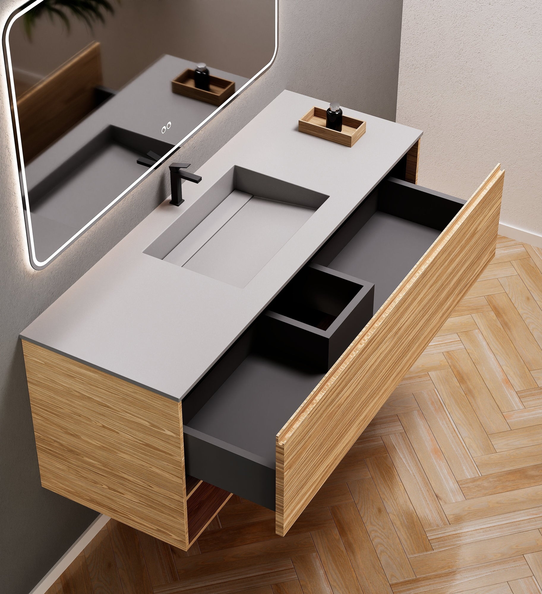 Aurora Frame – Corian® Basin with 1 Drawer and Bottom Shelf - ROVALUX