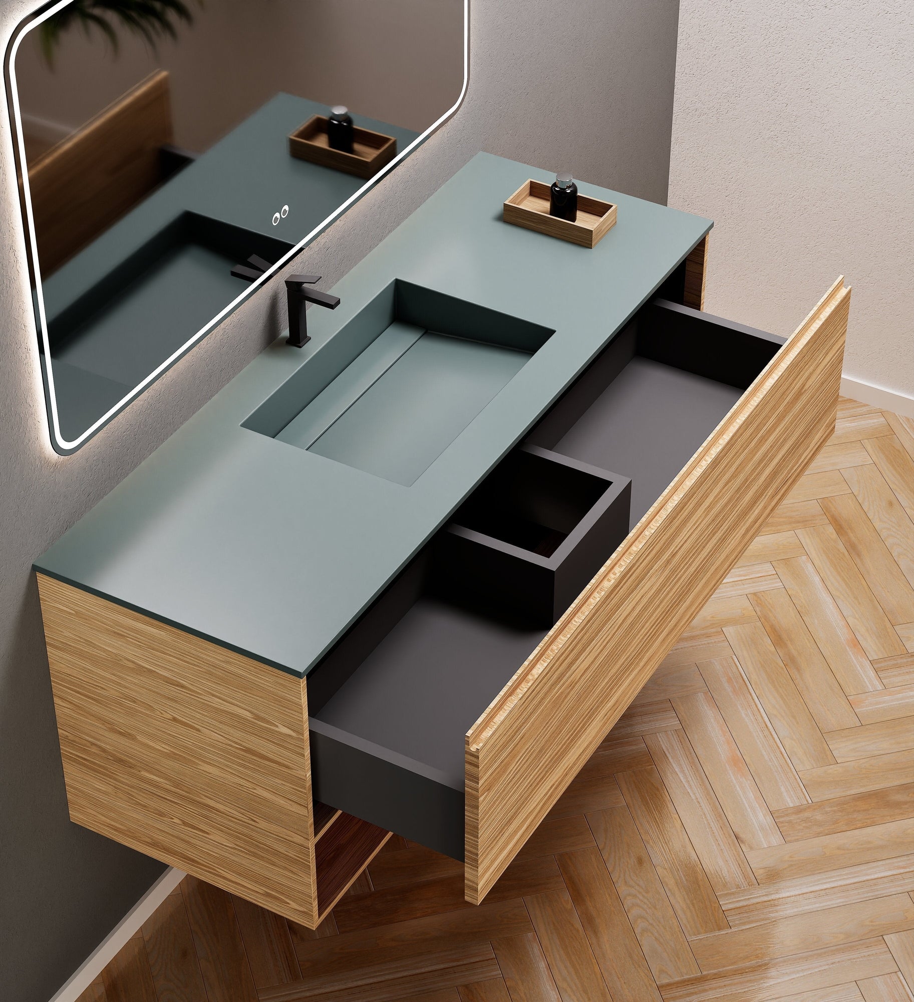 Aurora Frame – Corian® Basin with 1 Drawer and Bottom Shelf - ROVALUX