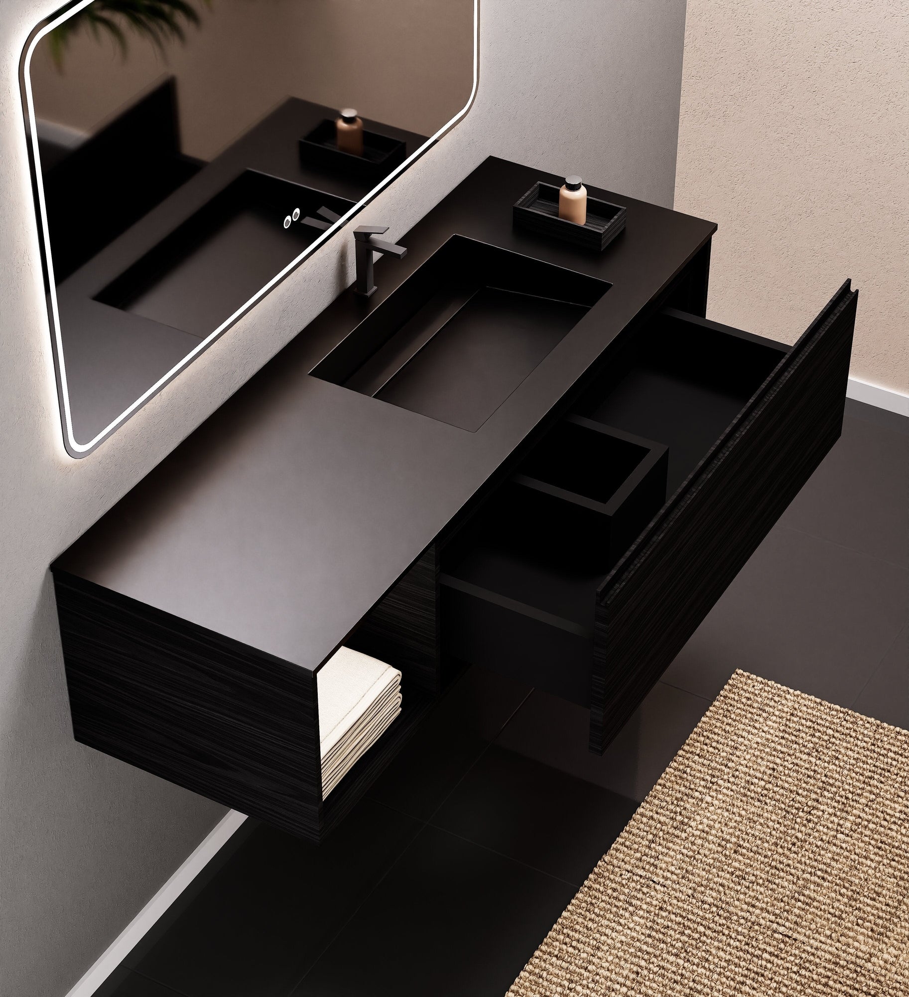 Aurora Frame – Corian® Basin with 1 Drawer and Side Shelf - ROVALUX