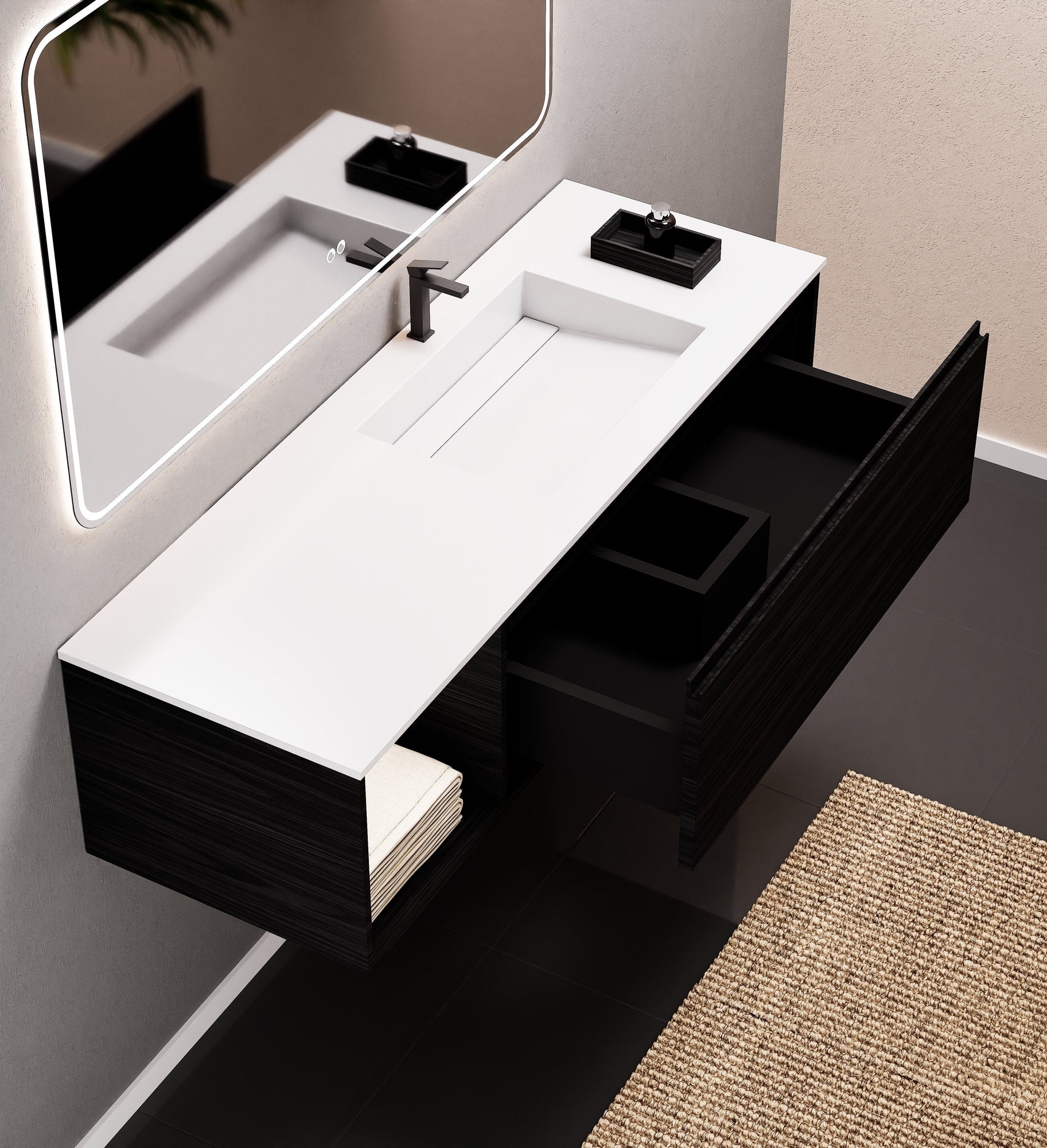Aurora Frame – Corian® Basin with 1 Drawer and Side Shelf - ROVALUX