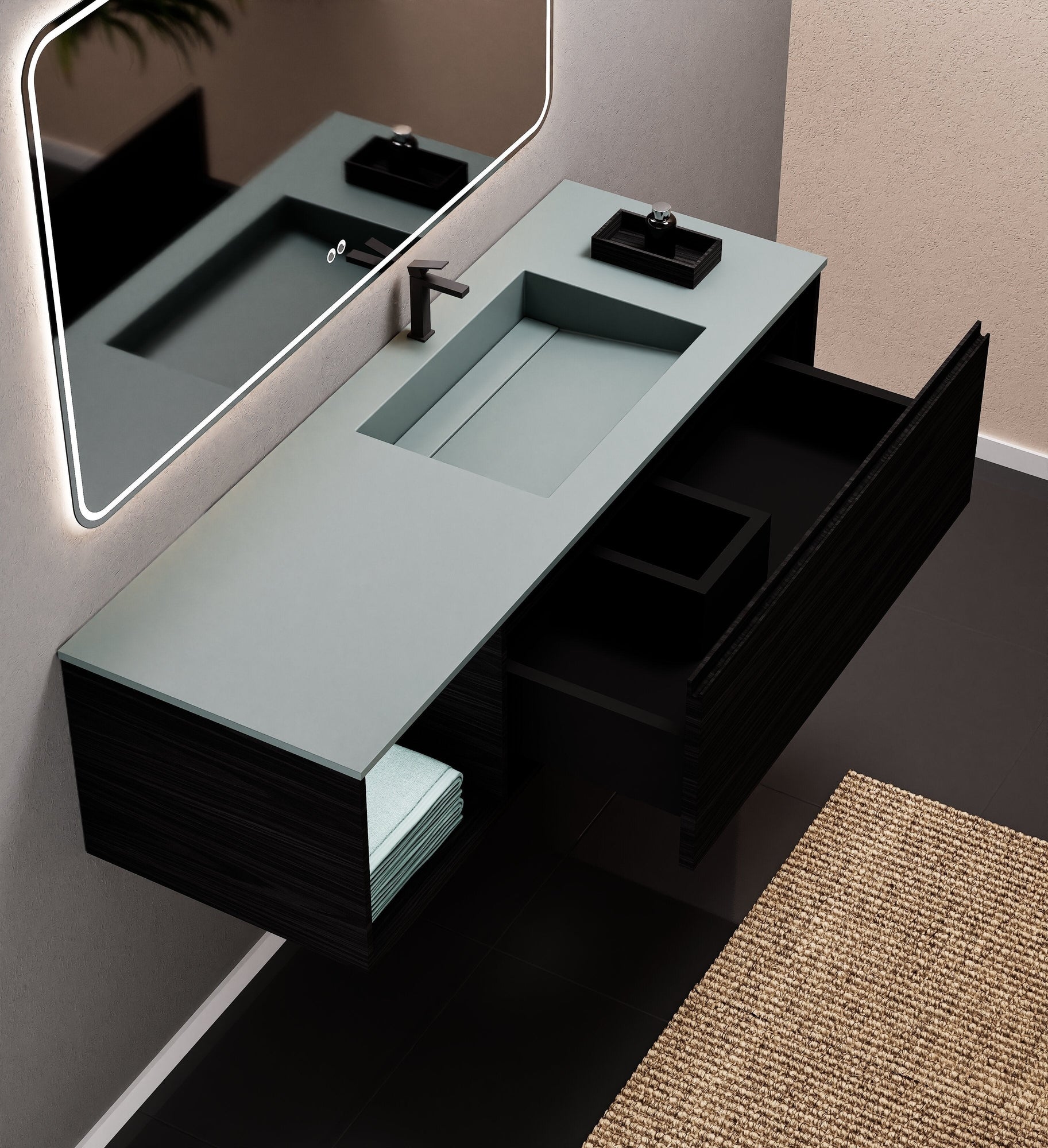 Aurora Frame – Corian® Basin with 1 Drawer and Side Shelf - ROVALUX