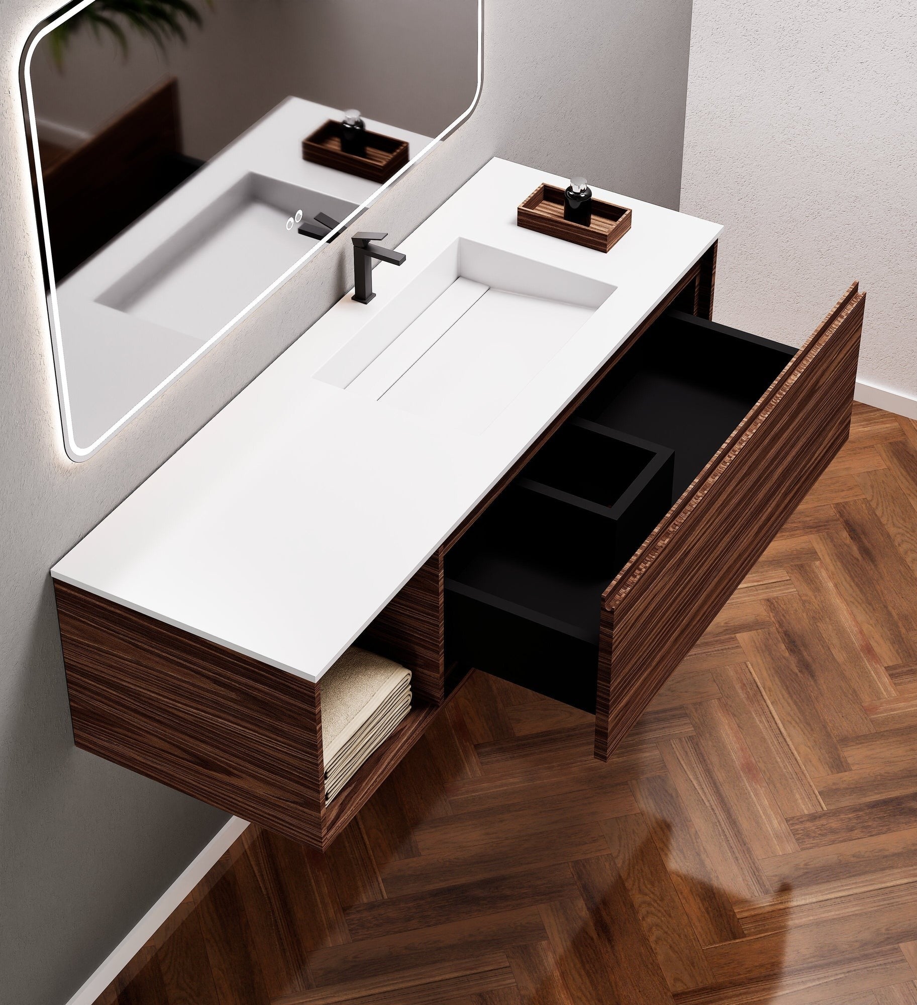 Aurora Frame – Corian® Basin with 1 Drawer and Side Shelf - ROVALUX