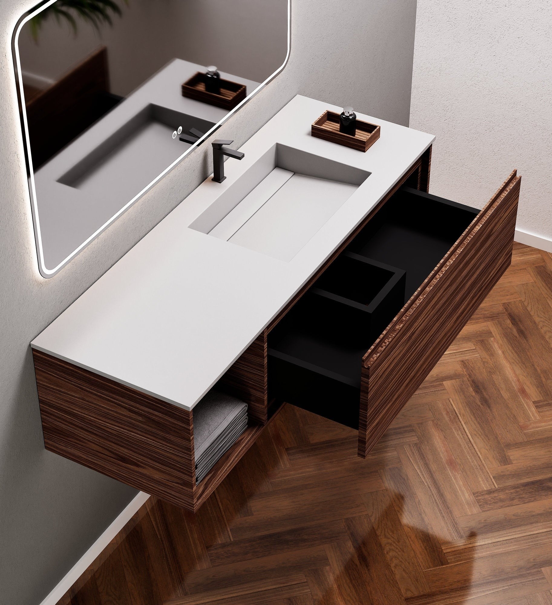 Aurora Frame – Corian® Basin with 1 Drawer and Side Shelf - ROVALUX