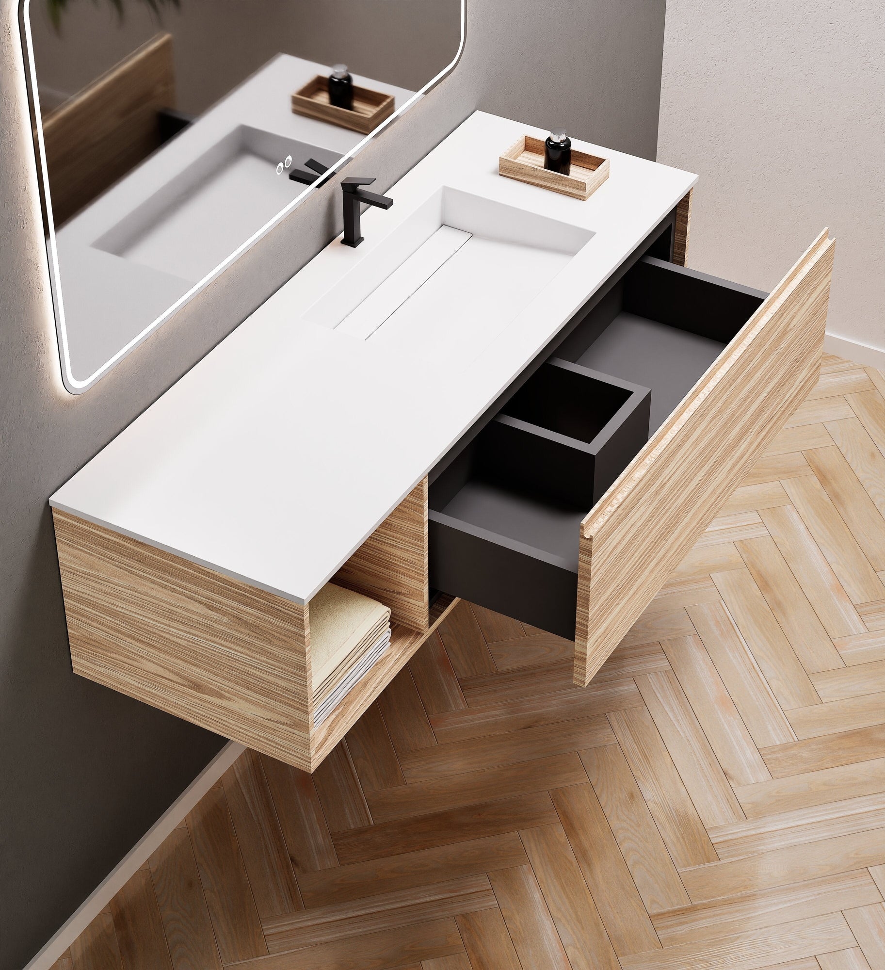 Aurora Frame – Corian® Basin with 1 Drawer and Side Shelf - ROVALUX