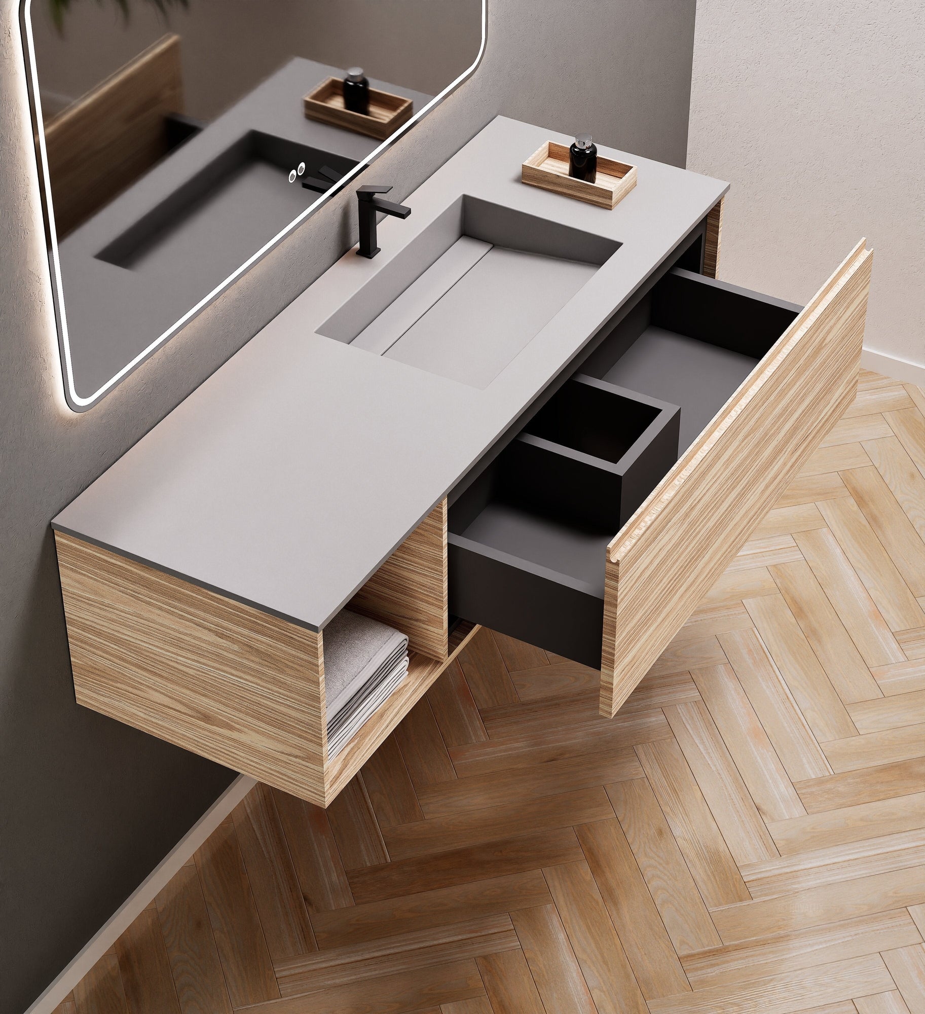 Aurora Frame – Corian® Basin with 1 Drawer and Side Shelf - ROVALUX