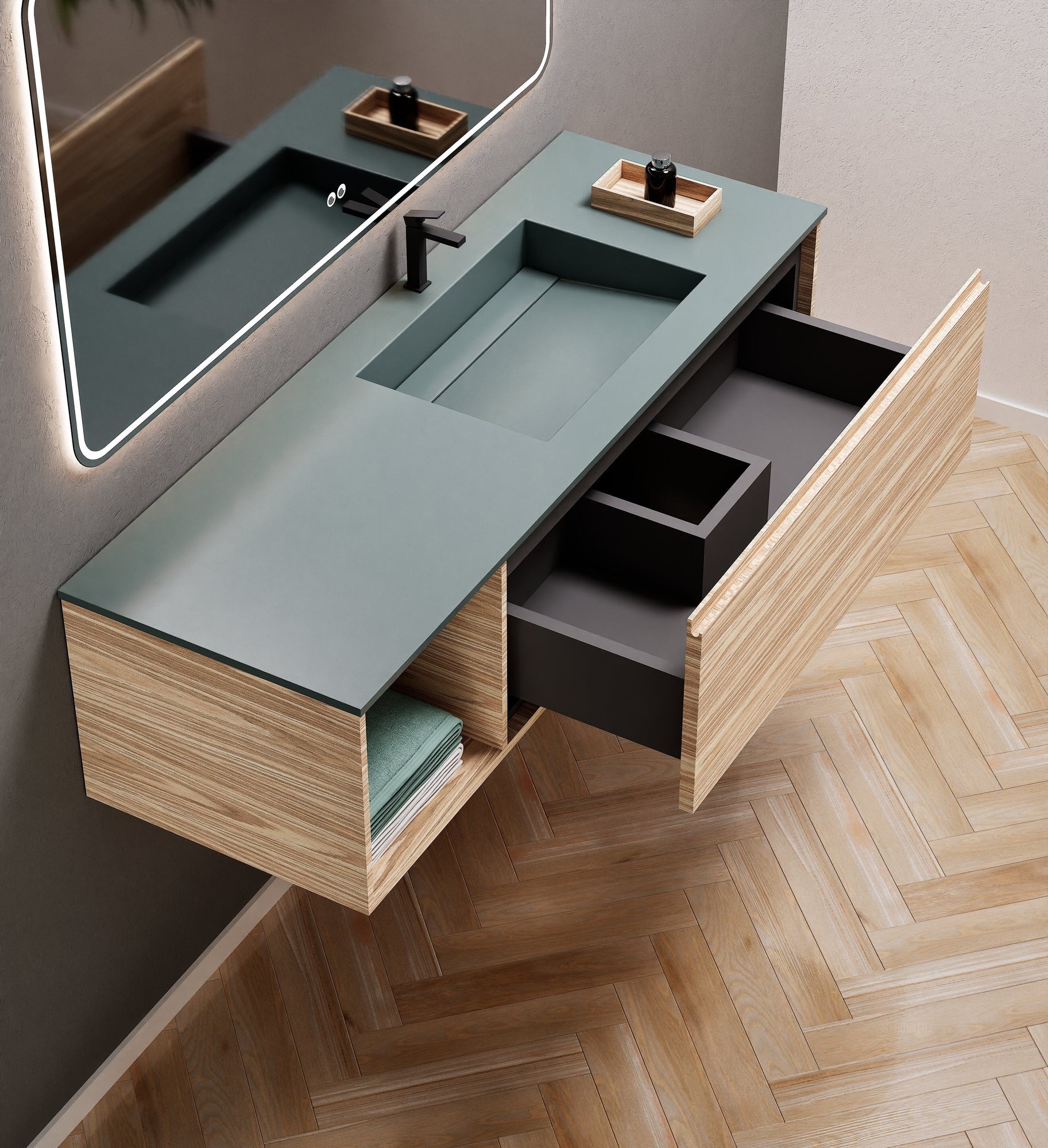 Aurora Frame – Corian® Basin with 1 Drawer and Side Shelf - ROVALUX