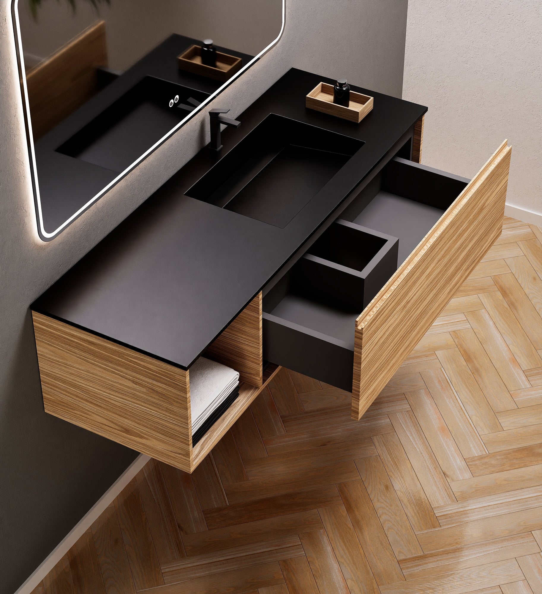 Aurora Frame – Corian® Basin with 1 Drawer and Side Shelf - ROVALUX