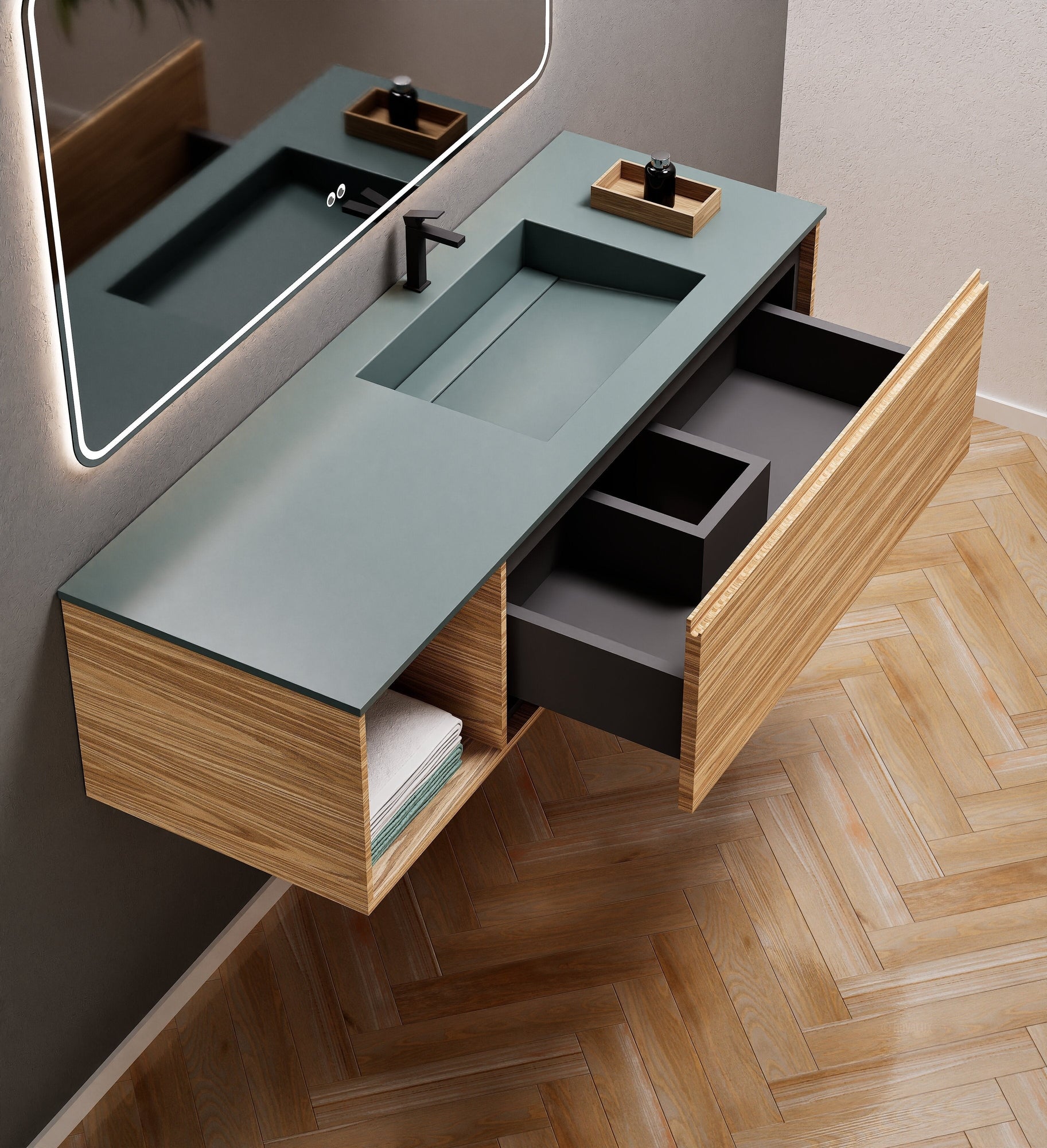 Aurora Frame – Corian® Basin with 1 Drawer and Side Shelf - ROVALUX