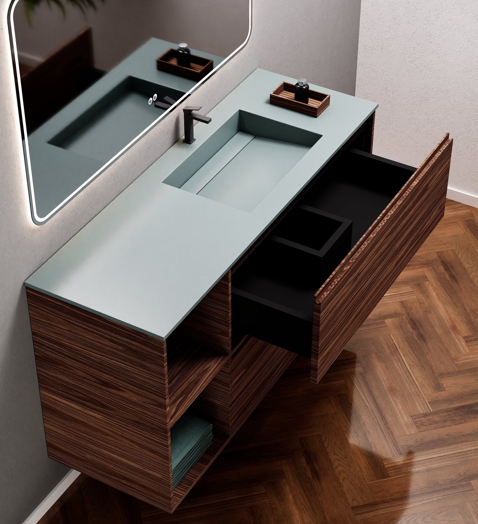 Aurora Frame – Corian® Basin with 2 Drawers and 2 Side Shelves - ROVALUX