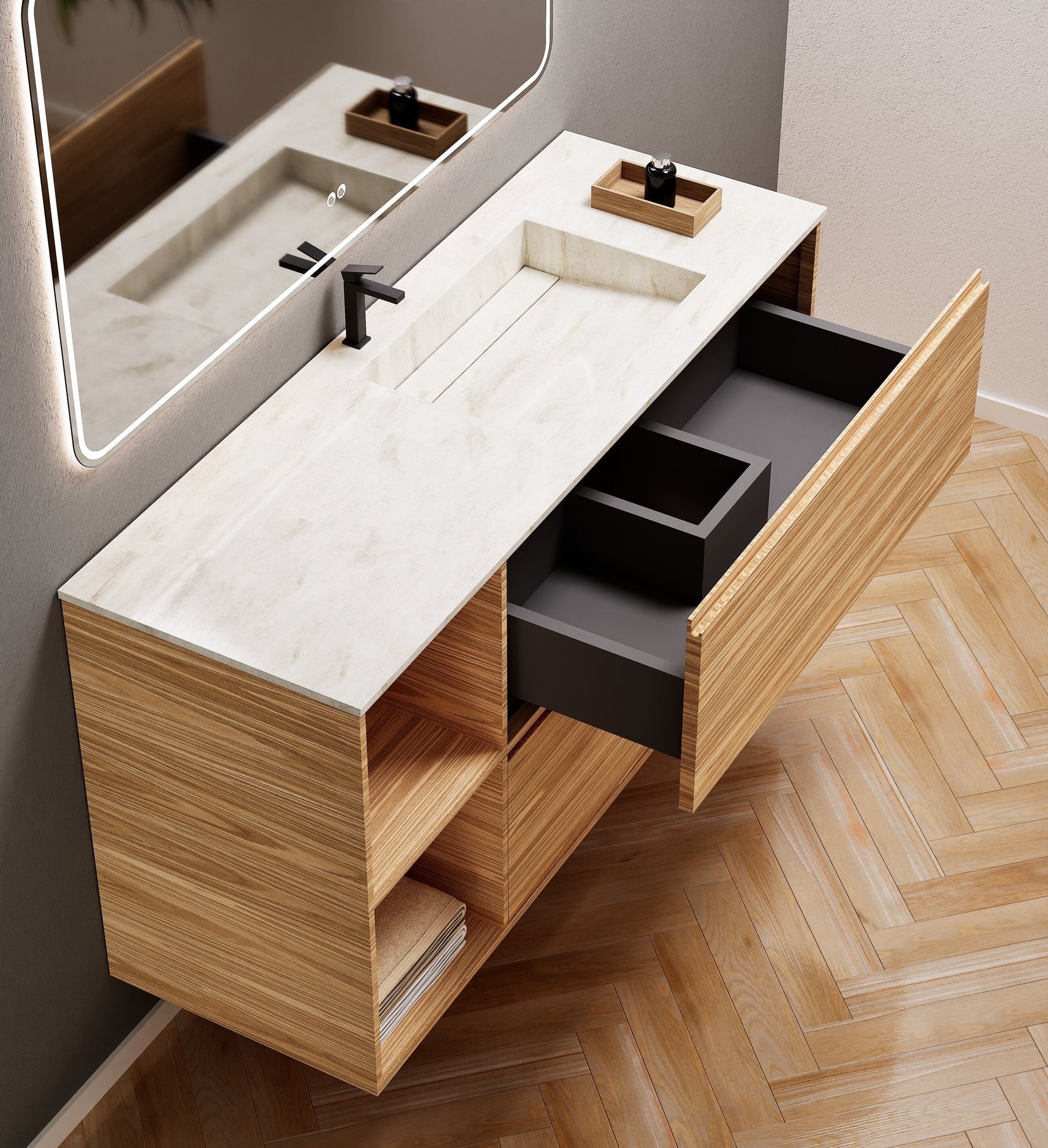 Aurora Frame – Corian® Basin with 2 Drawers and 2 Side Shelves - ROVALUX