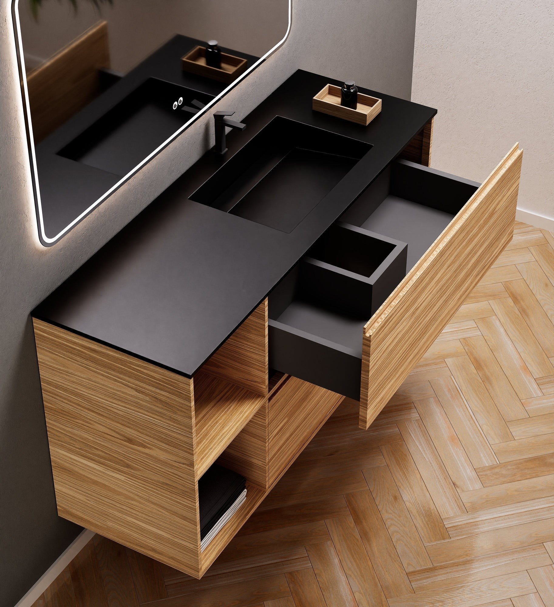 Aurora Frame – Corian® Basin with 2 Drawers and 2 Side Shelves - ROVALUX