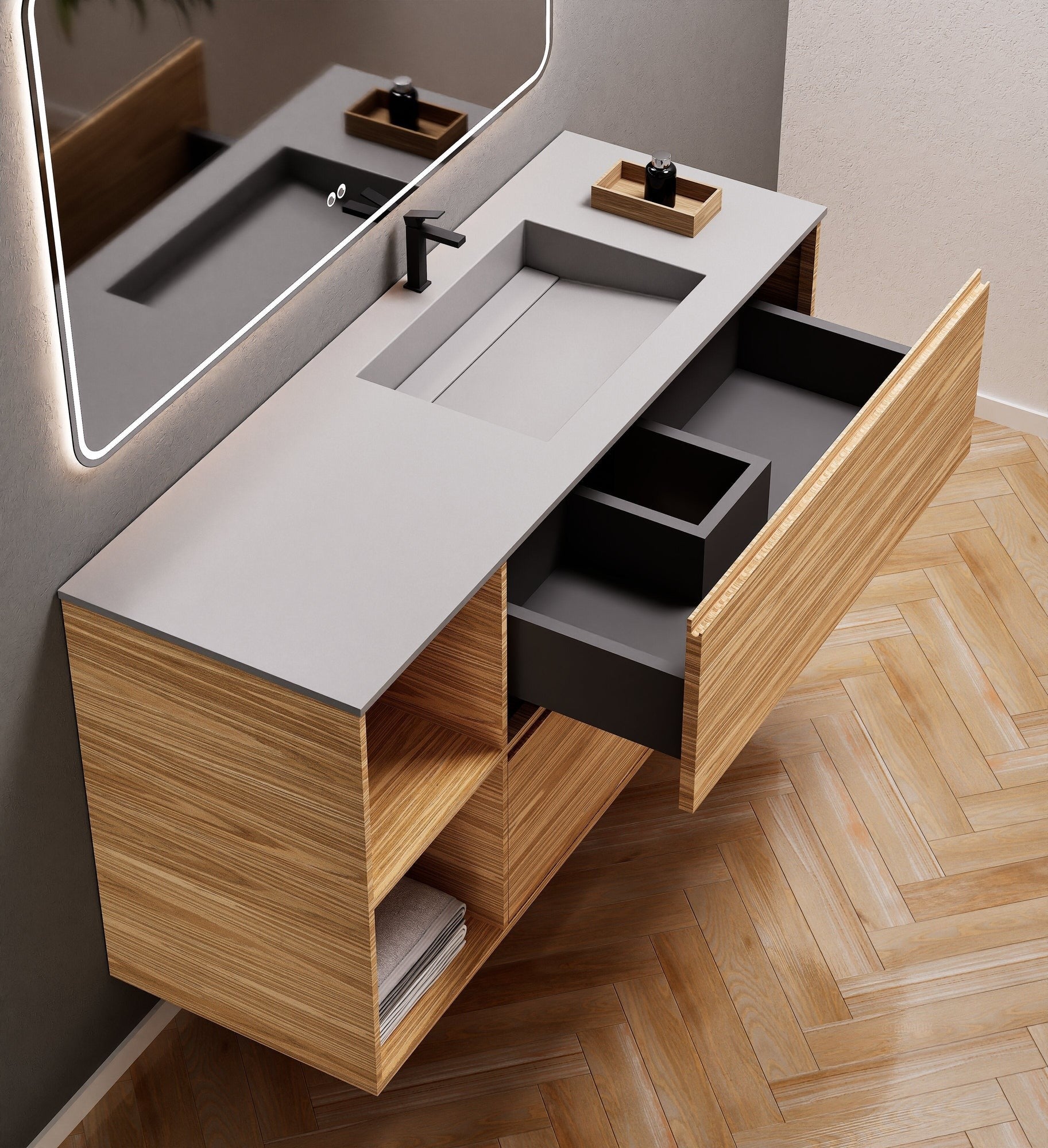 Aurora Frame – Corian® Basin with 2 Drawers and 2 Side Shelves - ROVALUX