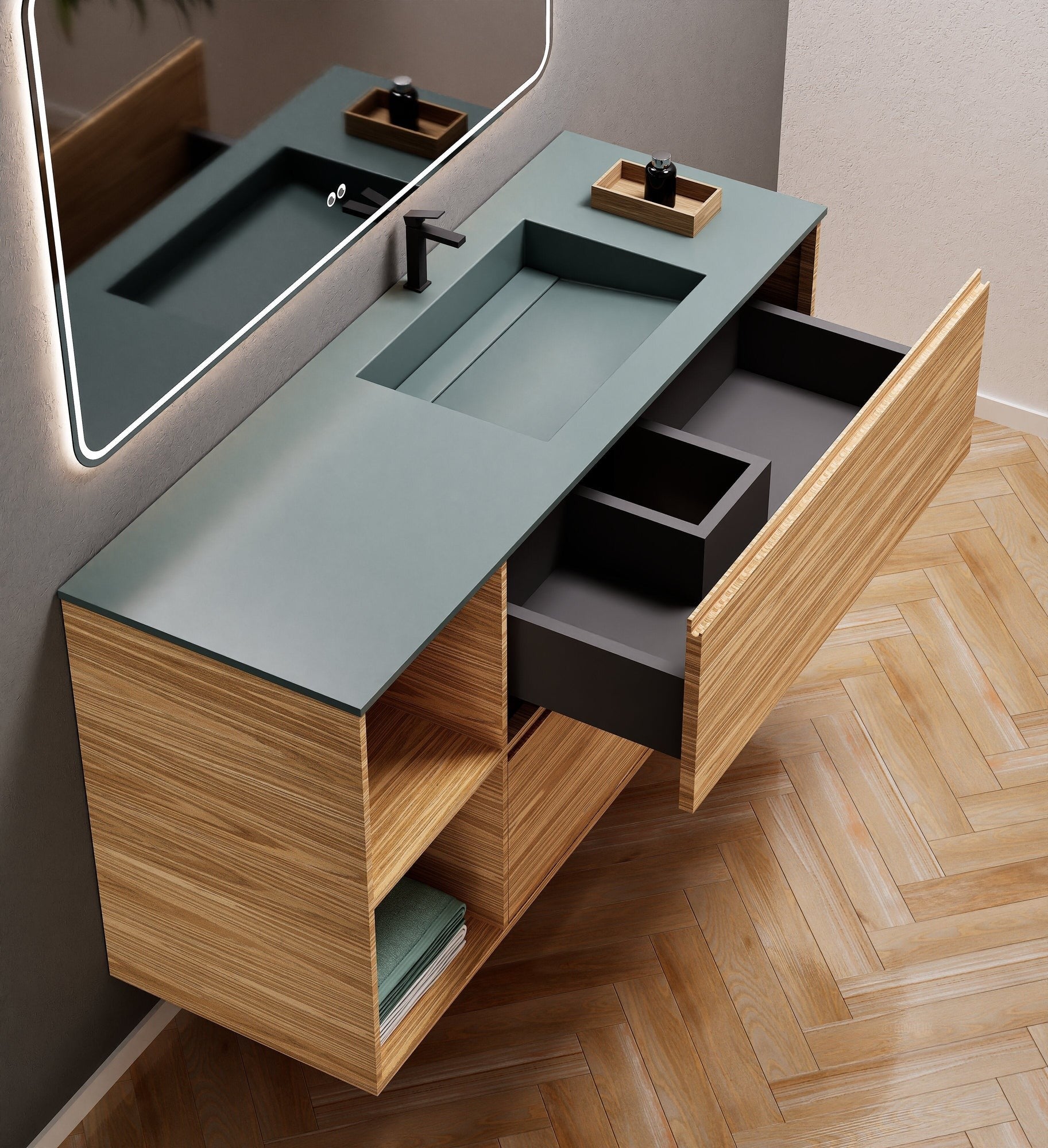 Aurora Frame – Corian® Basin with 2 Drawers and 2 Side Shelves - ROVALUX