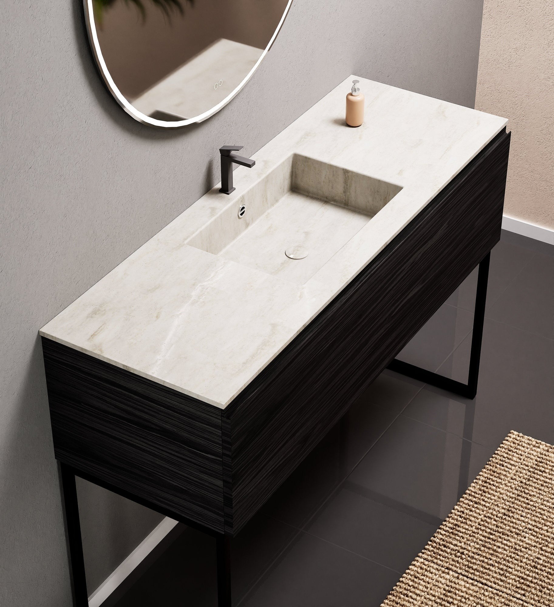 Aurora Single Set with supporting Legs - Corian Basin & Countertop with 1 Drawer Vanity - ROVALUX