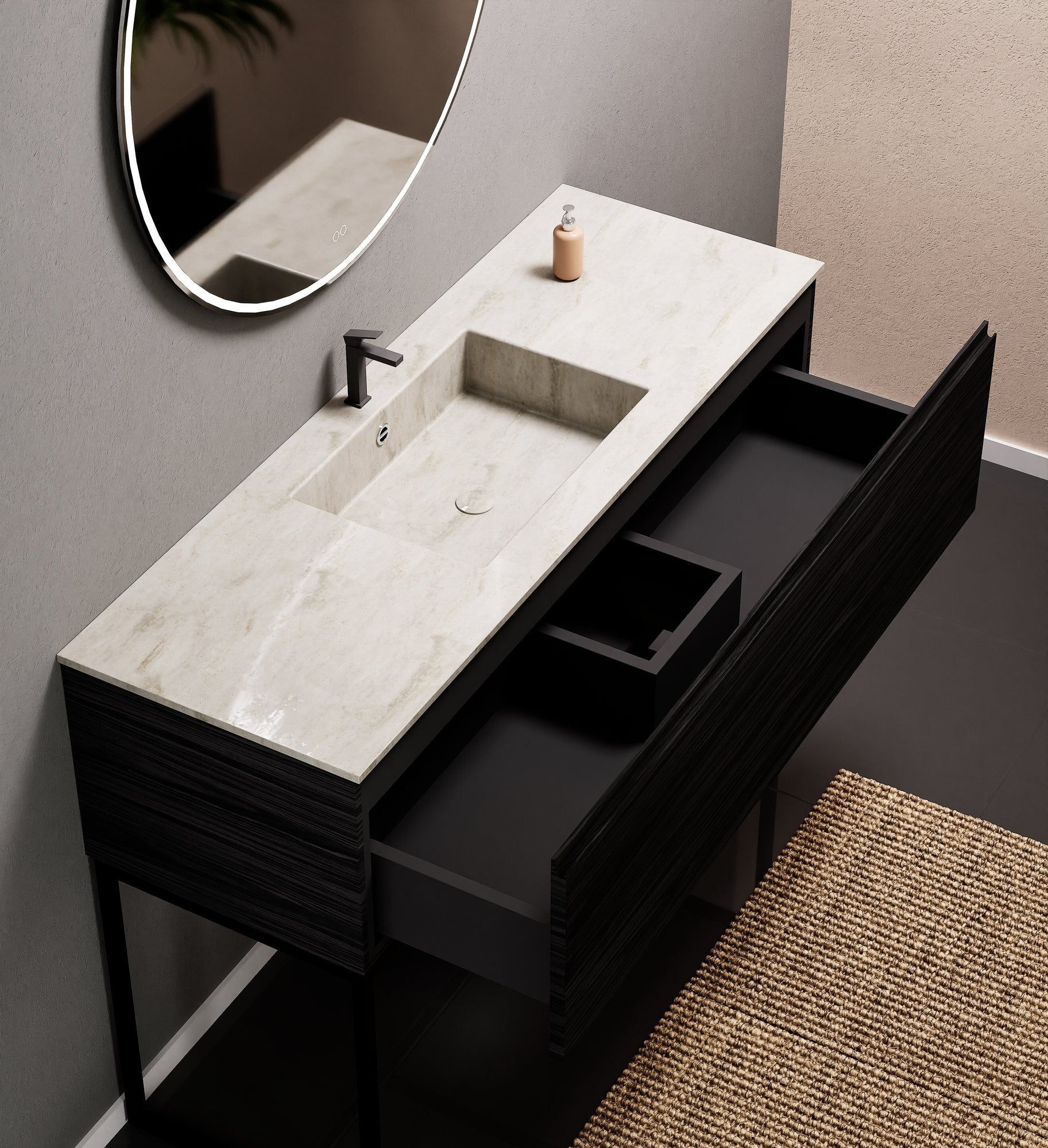Aurora Single Set with supporting Legs - Corian Basin & Countertop with 1 Drawer Vanity - ROVALUX