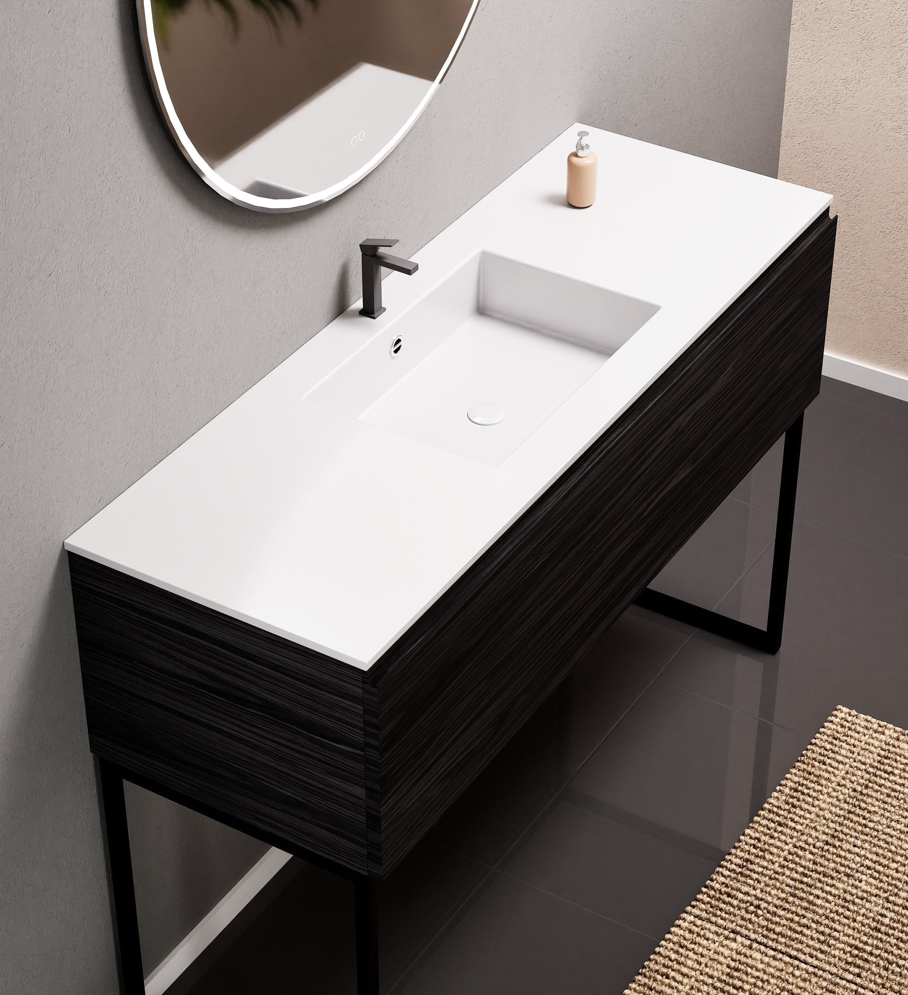 Aurora Single Set with supporting Legs - Corian Basin & Countertop with 1 Drawer Vanity - ROVALUX