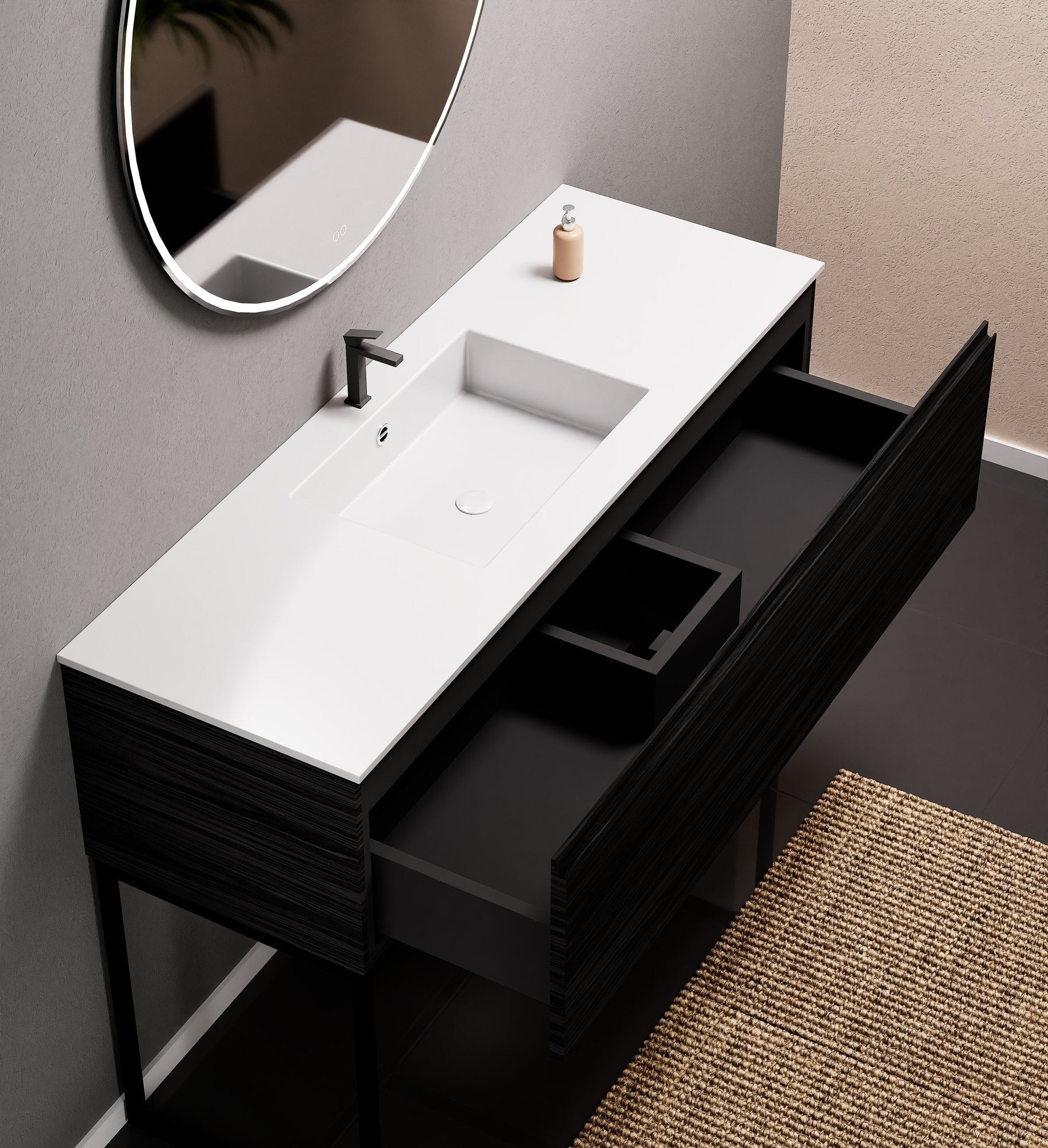 Aurora Single Set with supporting Legs - Corian Basin & Countertop with 1 Drawer Vanity - ROVALUX