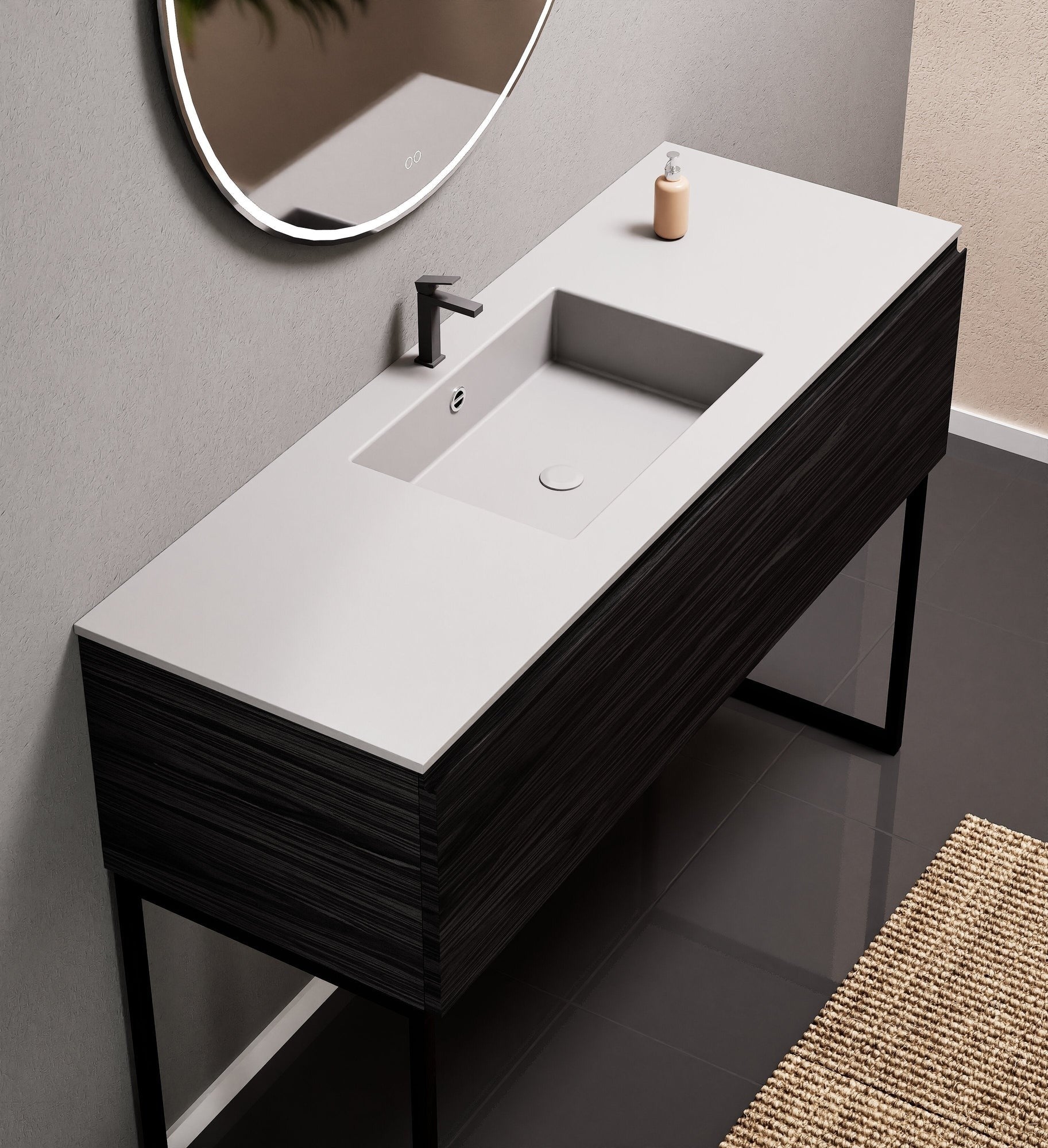 Aurora Single Set with supporting Legs - Corian Basin & Countertop with 1 Drawer Vanity - ROVALUX