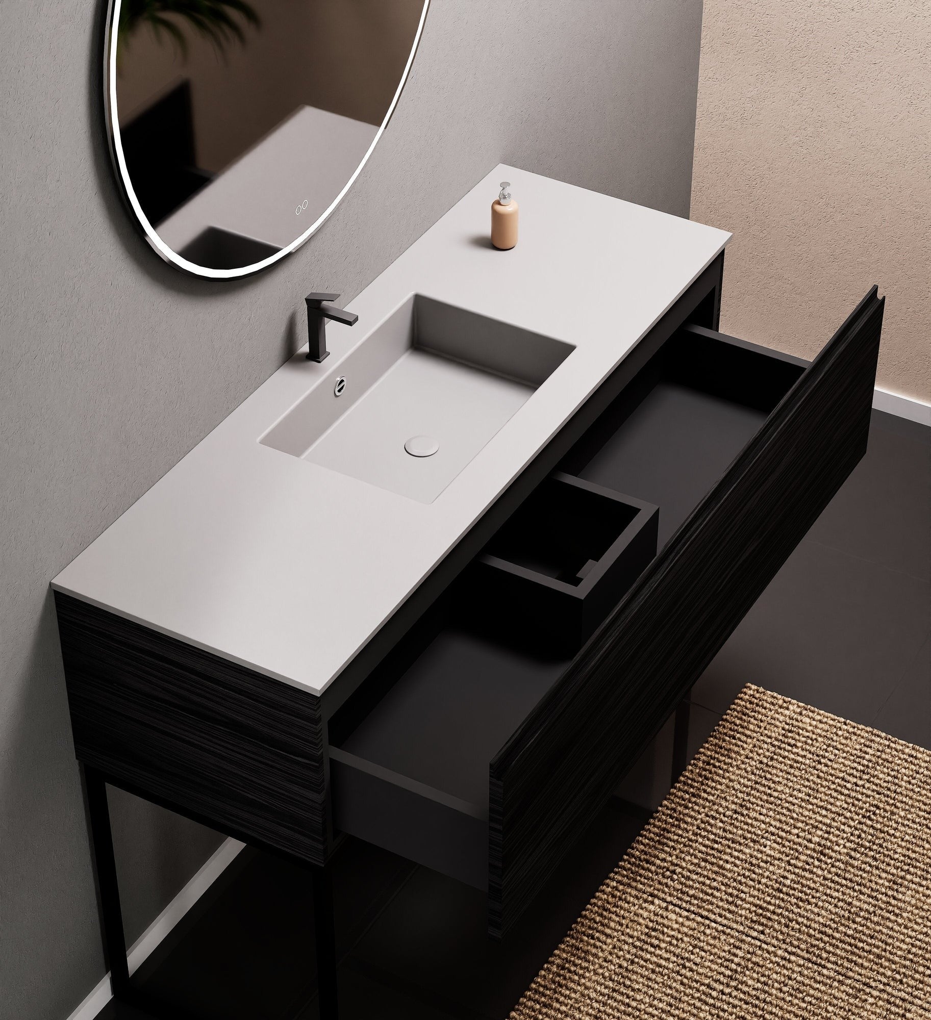 Aurora Single Set with supporting Legs - Corian Basin & Countertop with 1 Drawer Vanity - ROVALUX