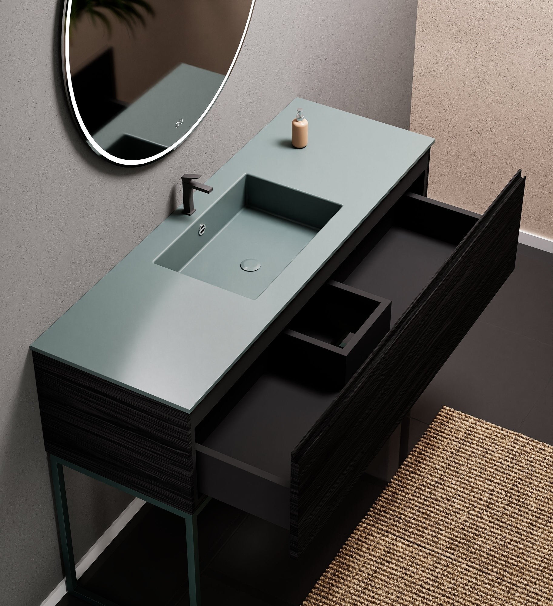 Aurora Single Set with supporting Legs - Corian Basin & Countertop with 1 Drawer Vanity - ROVALUX