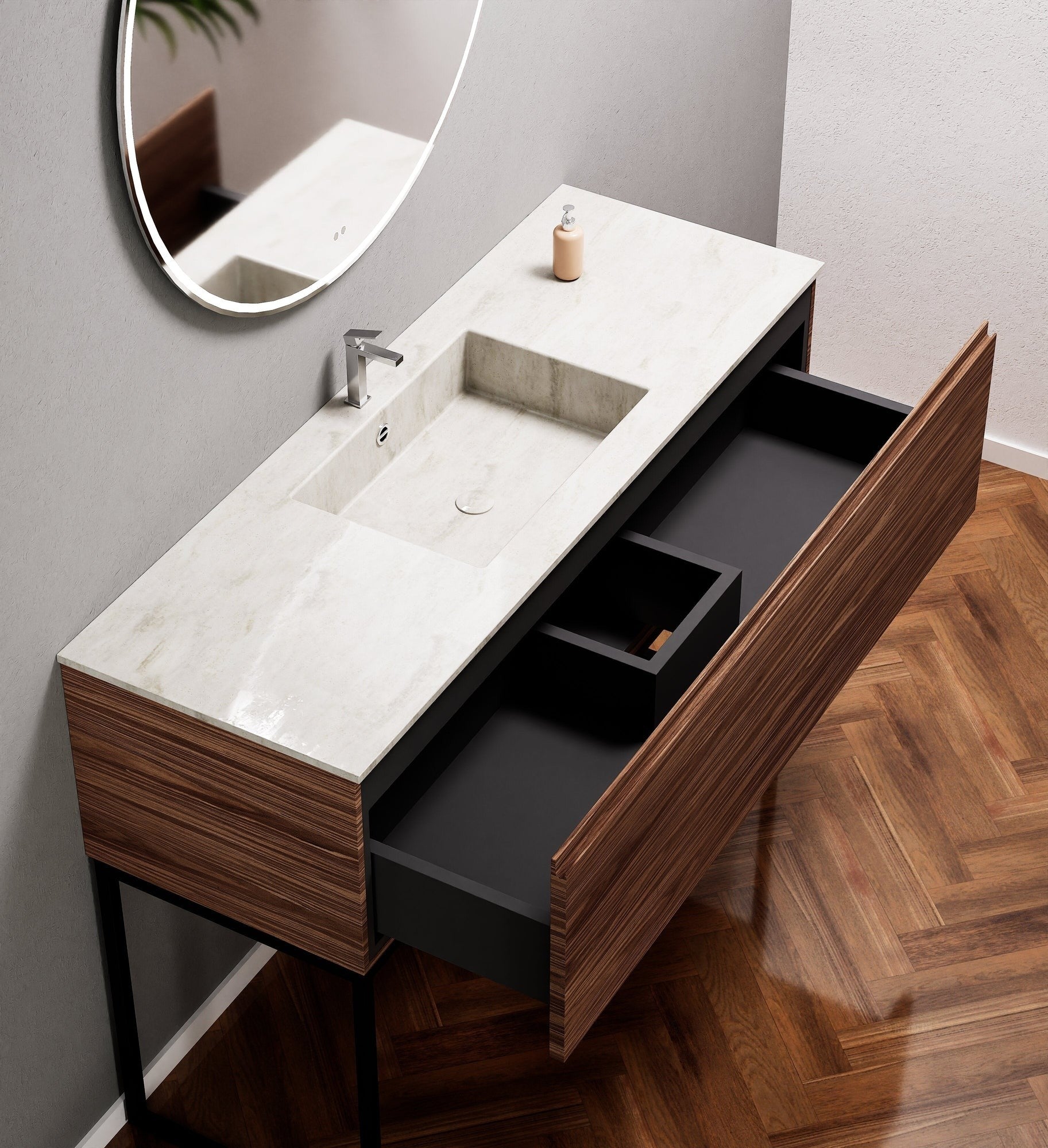 Aurora Single Set with supporting Legs - Corian Basin & Countertop with 1 Drawer Vanity - ROVALUX