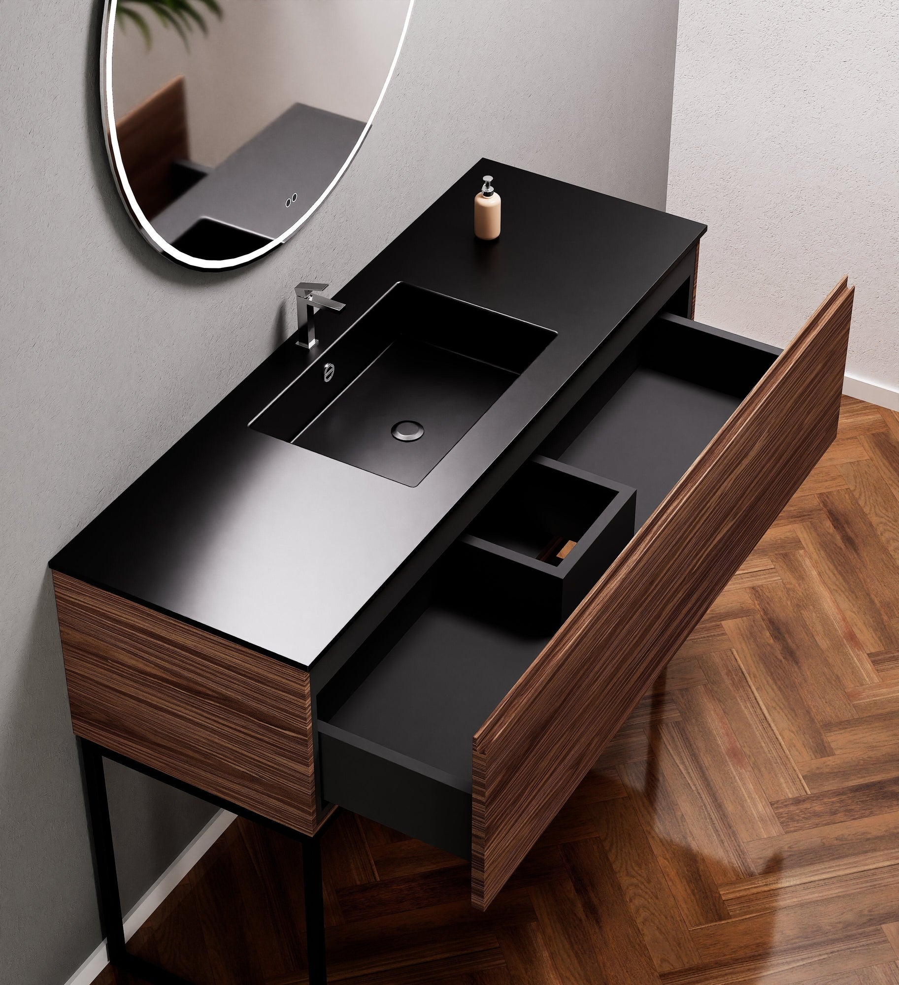 Aurora Single Set with supporting Legs - Corian Basin & Countertop with 1 Drawer Vanity - ROVALUX