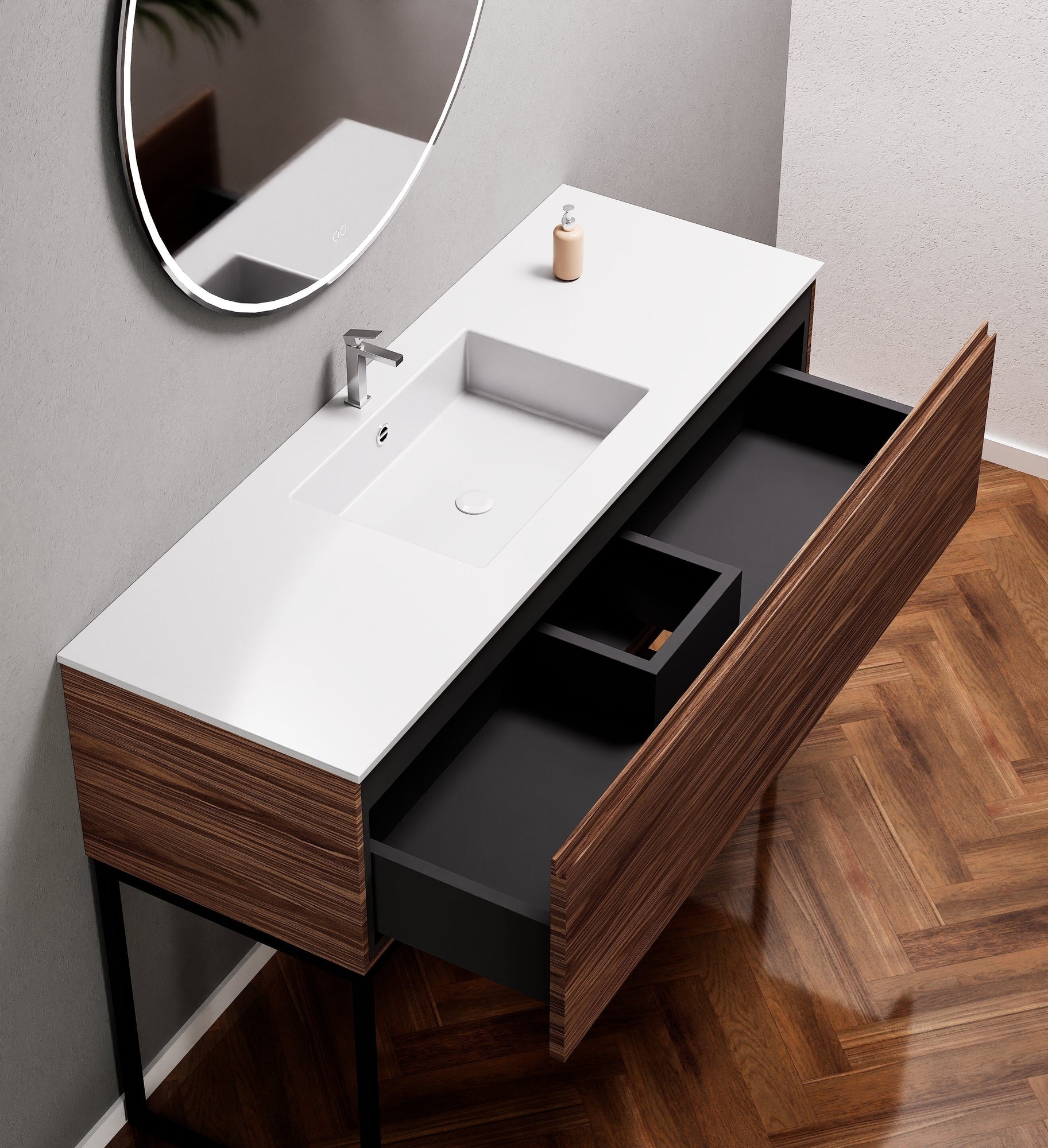 Aurora Single Set with supporting Legs - Corian Basin & Countertop with 1 Drawer Vanity - ROVALUX