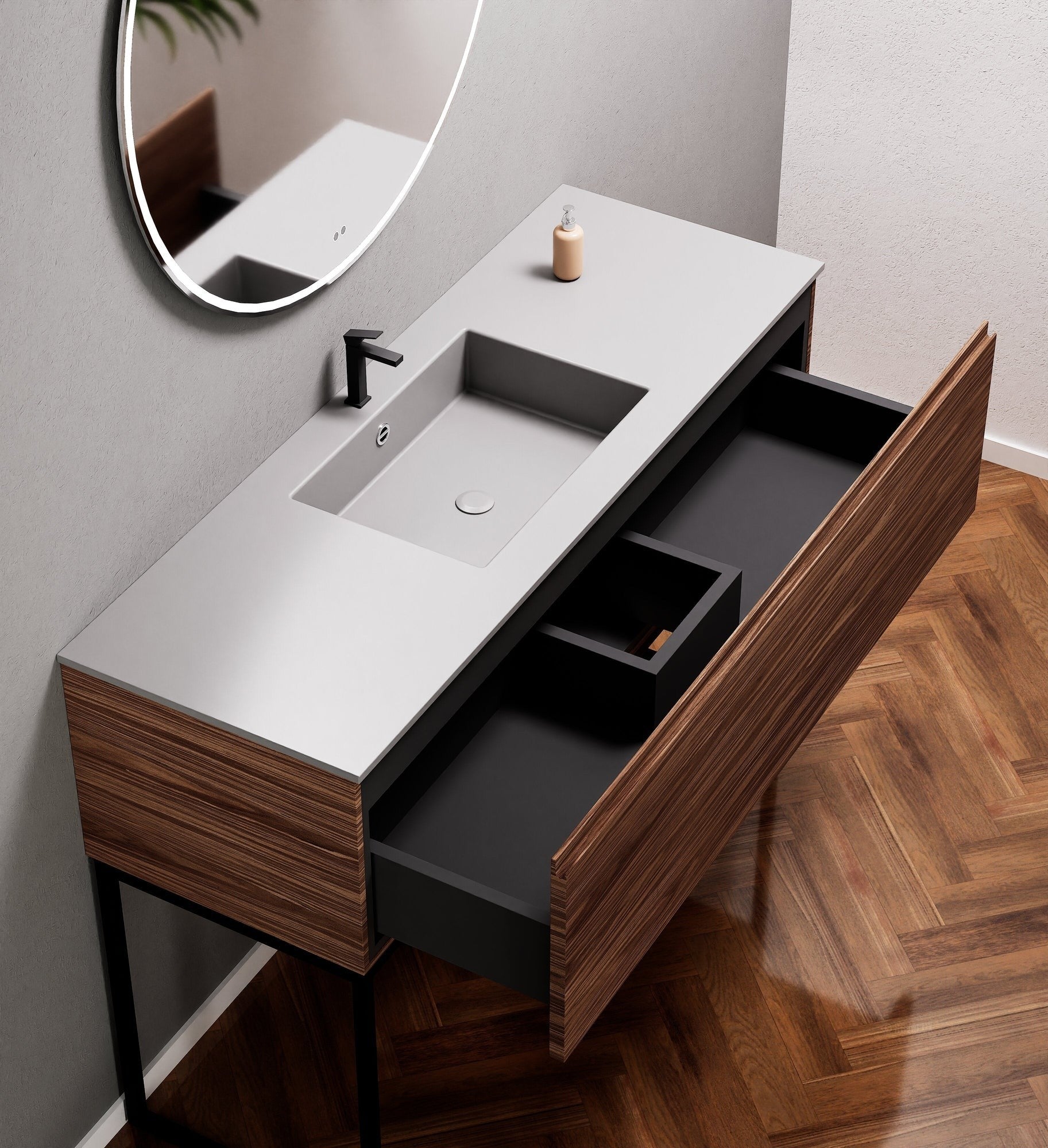 Aurora Single Set with supporting Legs - Corian Basin & Countertop with 1 Drawer Vanity - ROVALUX