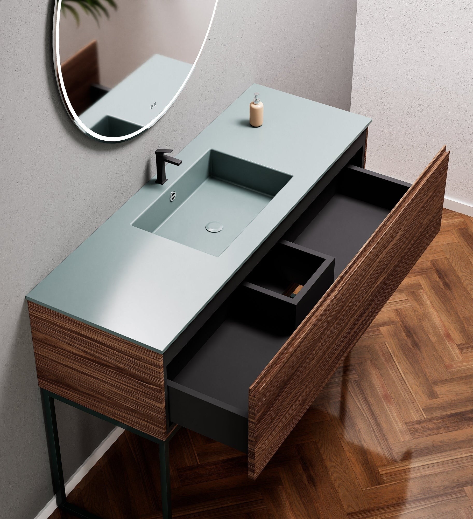 Aurora Single Set with supporting Legs - Corian Basin & Countertop with 1 Drawer Vanity - ROVALUX