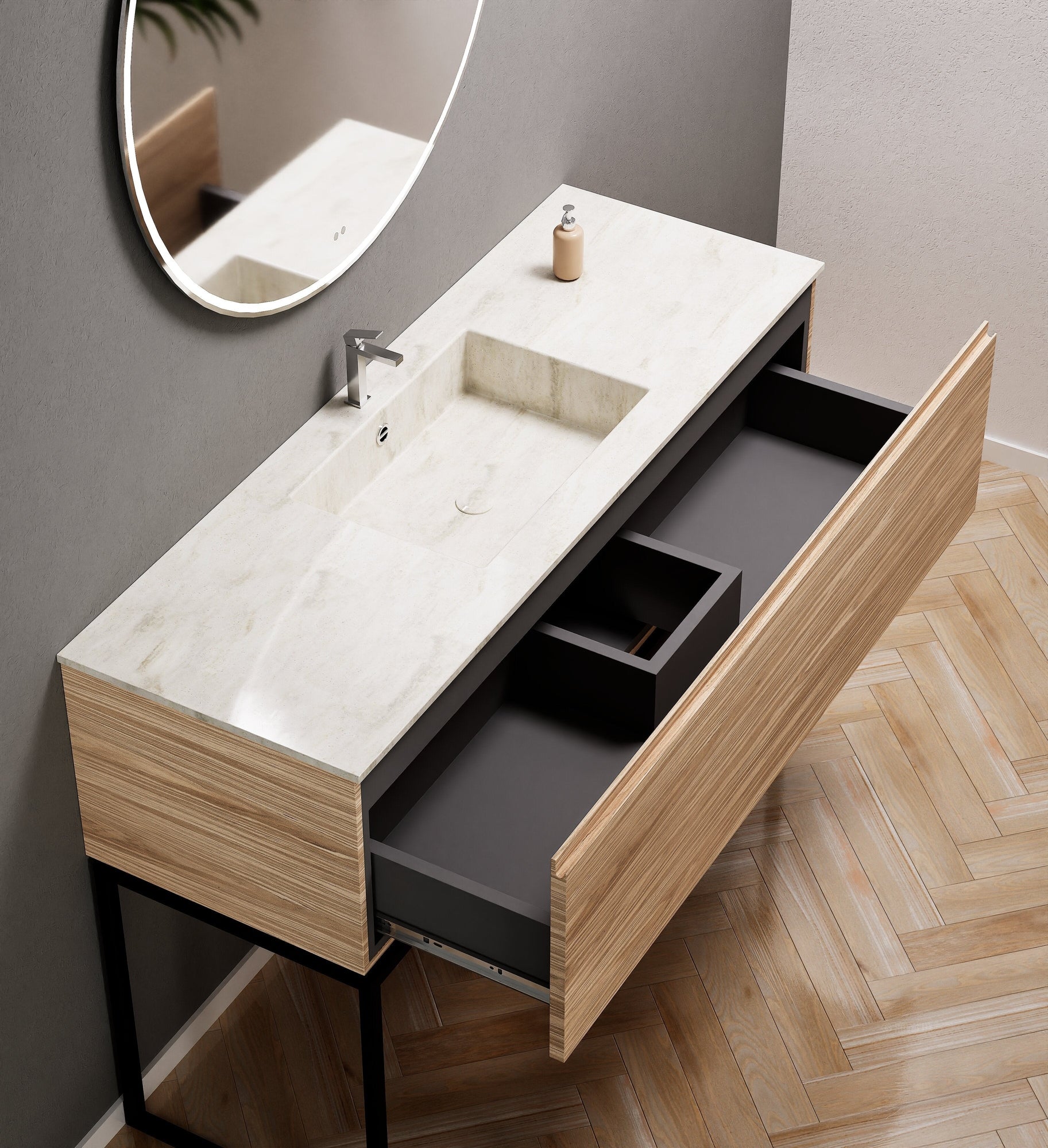 Aurora Single Set with supporting Legs - Corian Basin & Countertop with 1 Drawer Vanity - ROVALUX