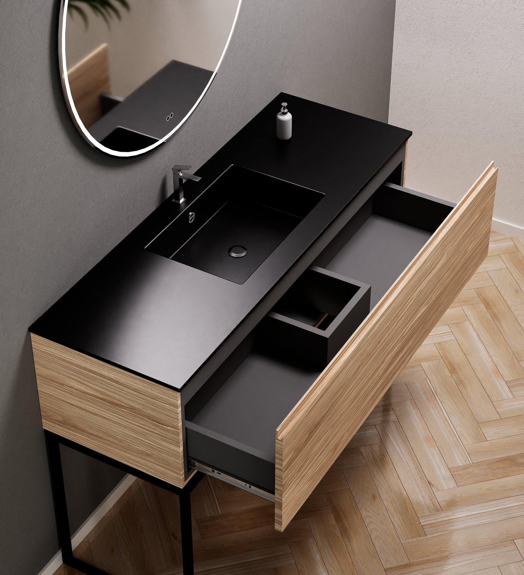 Aurora Single Set with supporting Legs - Corian Basin & Countertop with 1 Drawer Vanity - ROVALUX