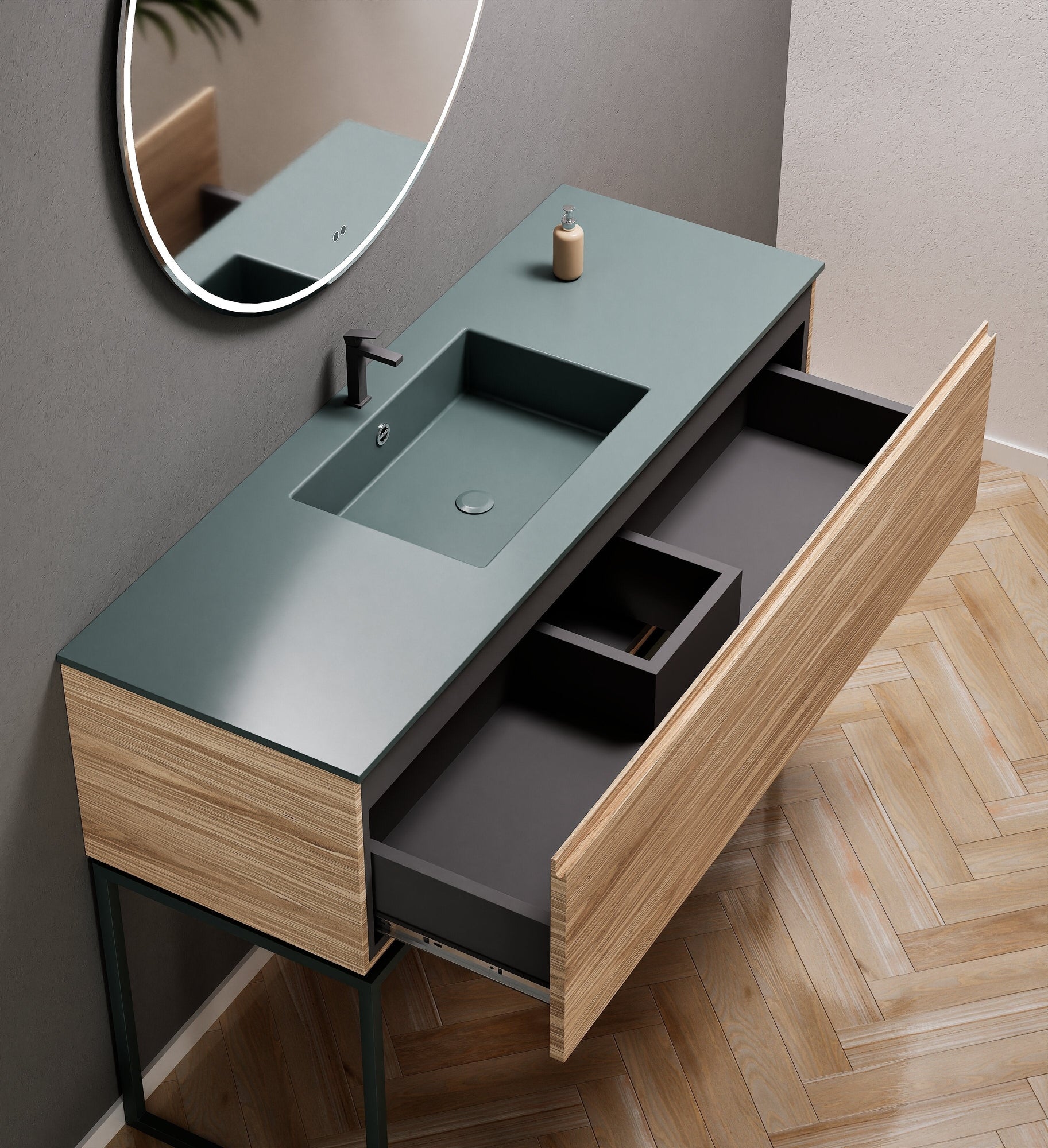 Aurora Single Set with supporting Legs - Corian Basin & Countertop with 1 Drawer Vanity - ROVALUX