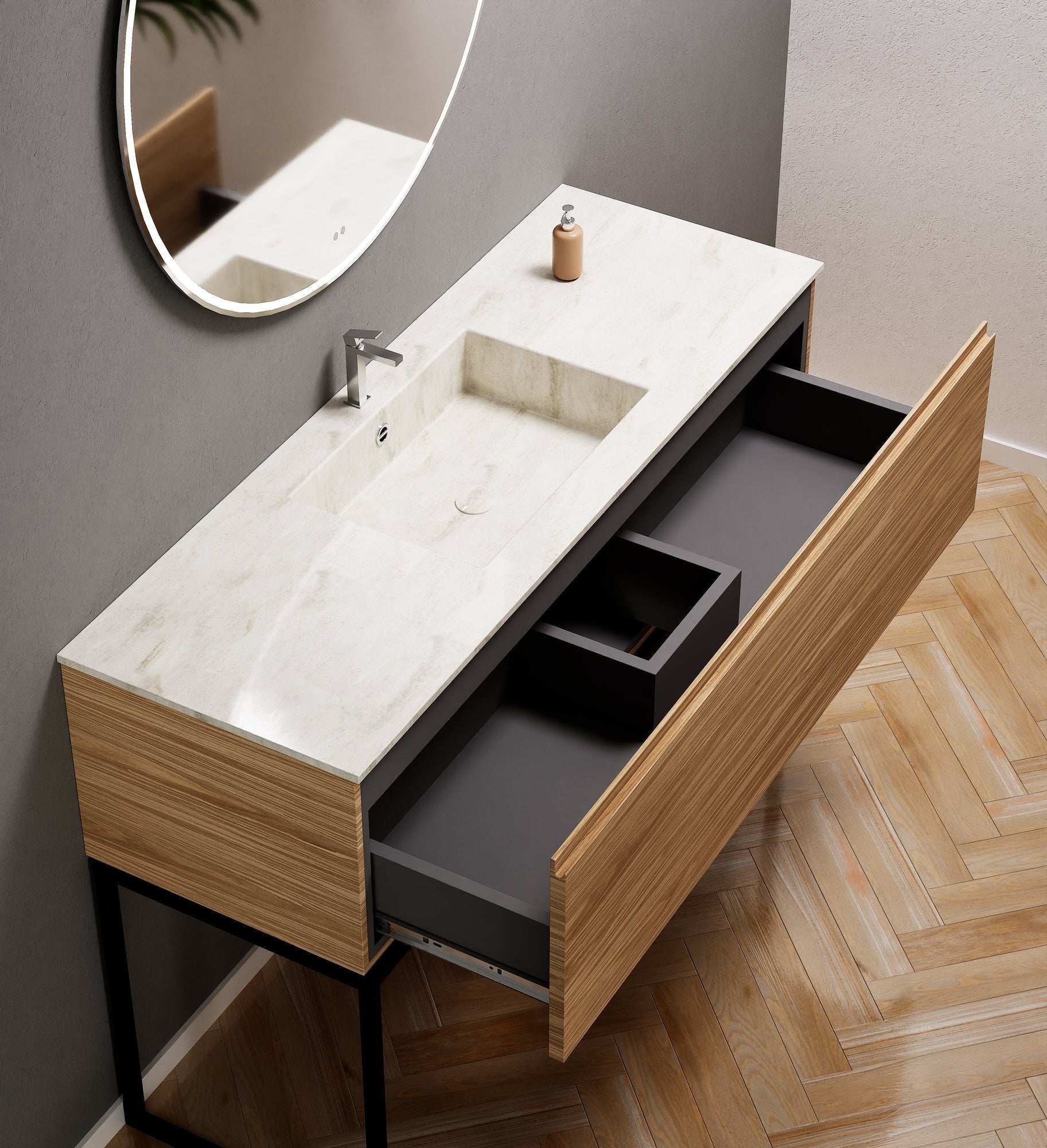 Aurora Single Set with supporting Legs - Corian Basin & Countertop with 1 Drawer Vanity - ROVALUX