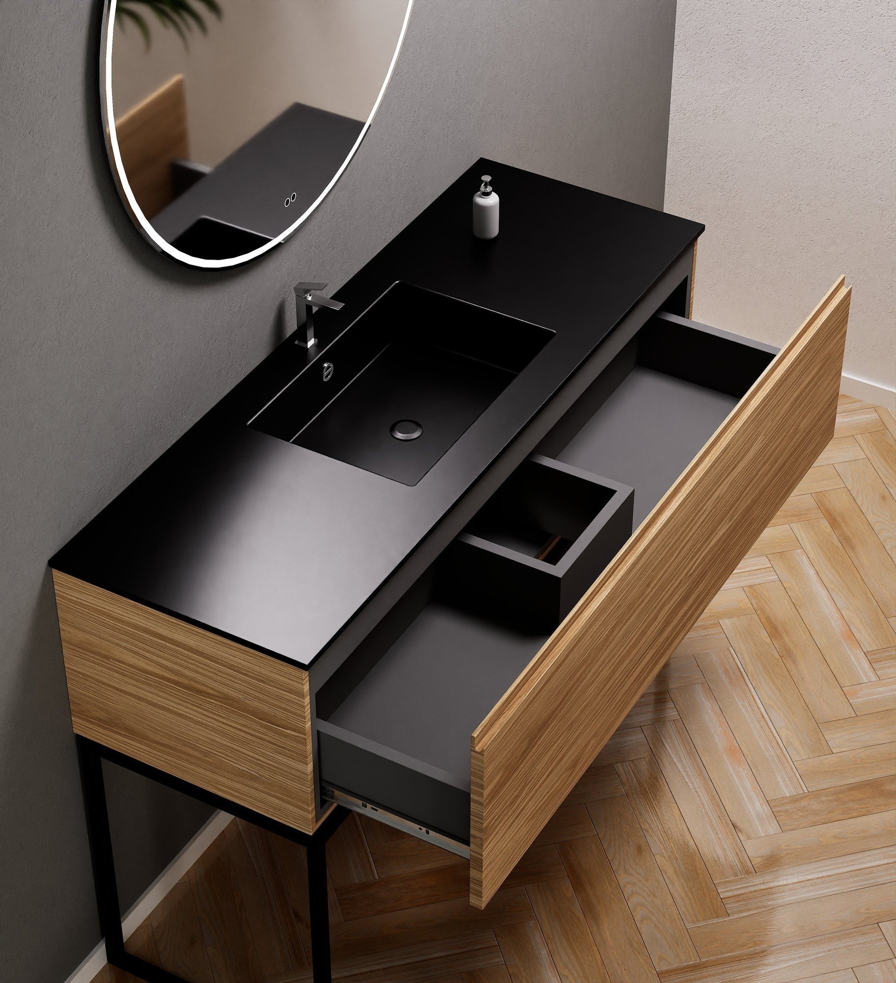 Aurora Single Set with supporting Legs - Corian Basin & Countertop with 1 Drawer Vanity - ROVALUX