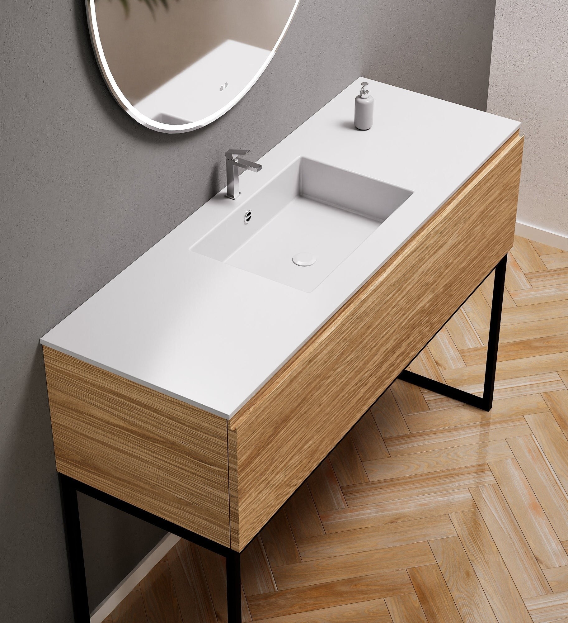 Aurora Single Set with supporting Legs - Corian Basin & Countertop with 1 Drawer Vanity - ROVALUX