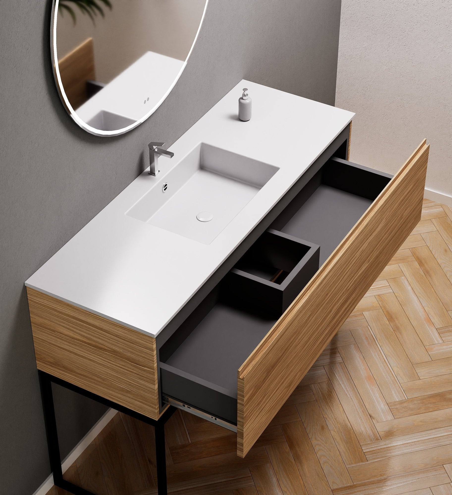 Aurora Single Set with supporting Legs - Corian Basin & Countertop with 1 Drawer Vanity - ROVALUX