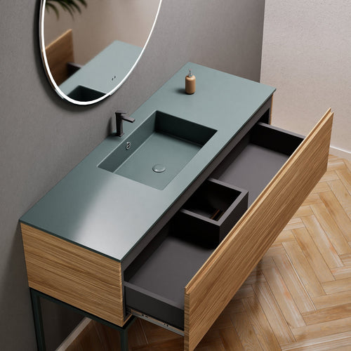 Aurora Single Set with supporting Legs - Corian Basin & Countertop with 1 Drawer Vanity - ROVALUX