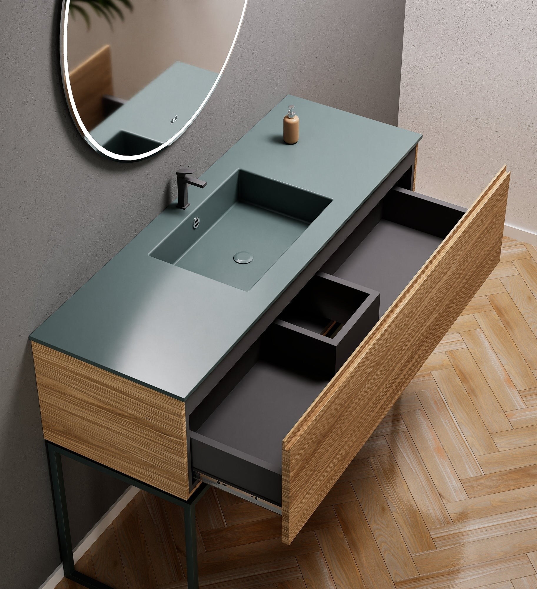 Aurora Single Set with supporting Legs - Corian Basin & Countertop with 1 Drawer Vanity - ROVALUX