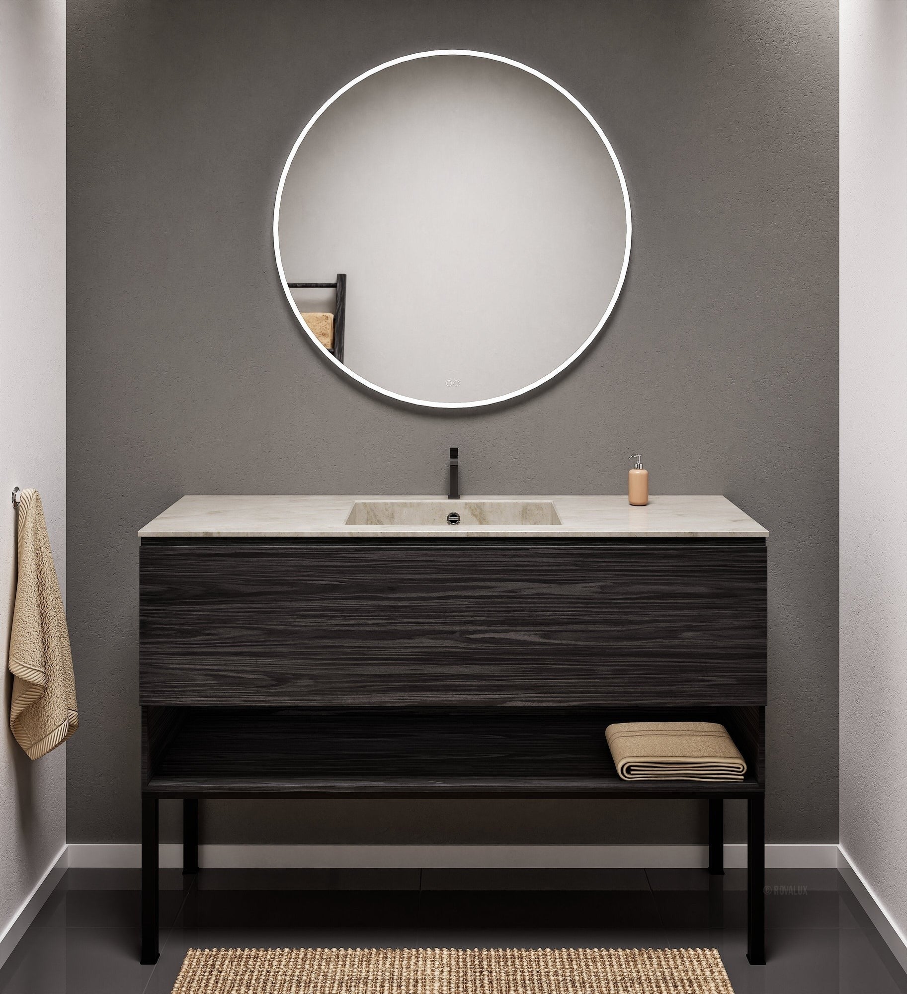 Aurora Single Set with Supporting Legs – Corian Basin & Countertop with 1 Drawer Vanity & Bottom Shelf - ROVALUX