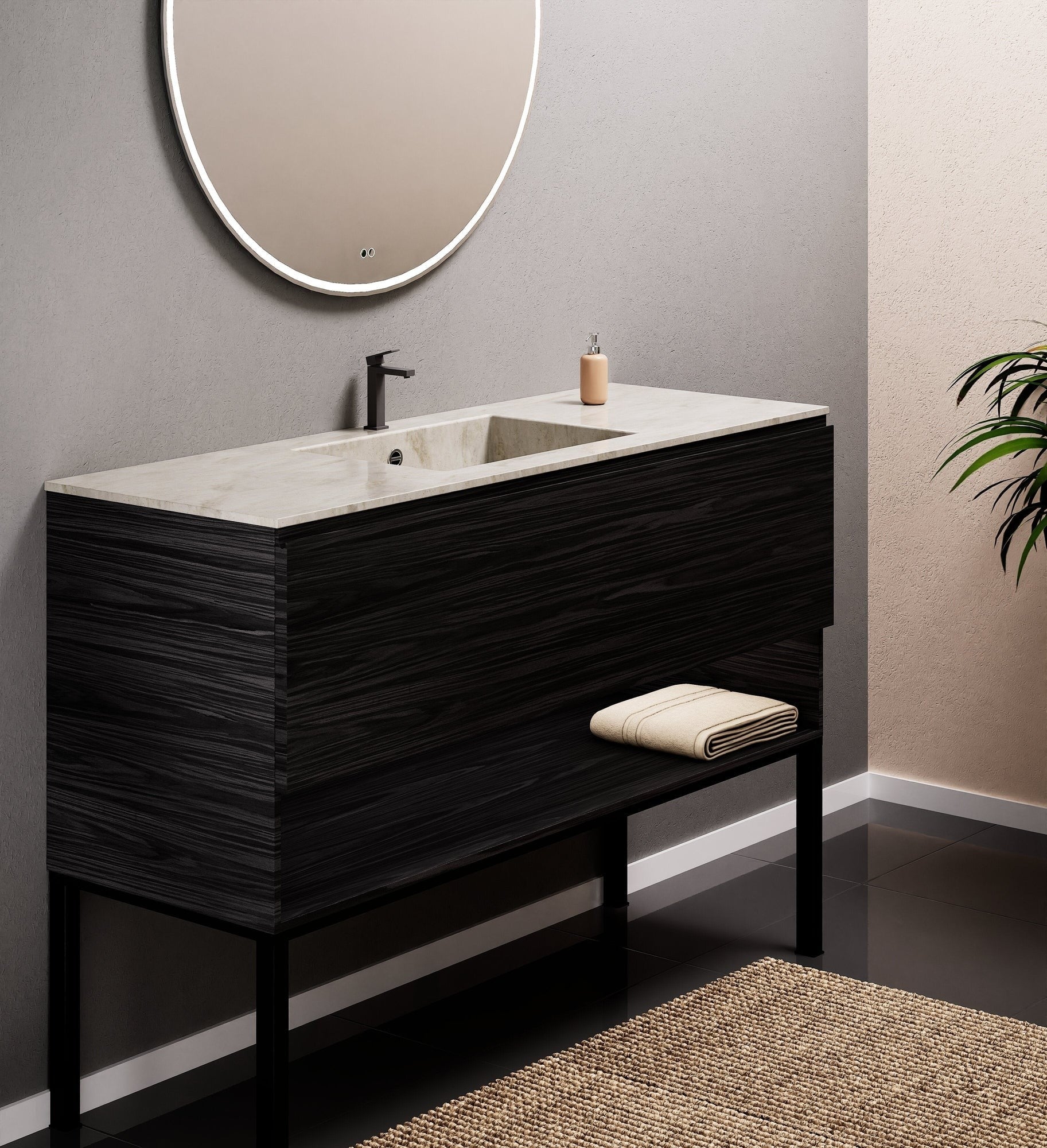 Aurora Single Set with Supporting Legs – Corian Basin & Countertop with 1 Drawer Vanity & Bottom Shelf - ROVALUX