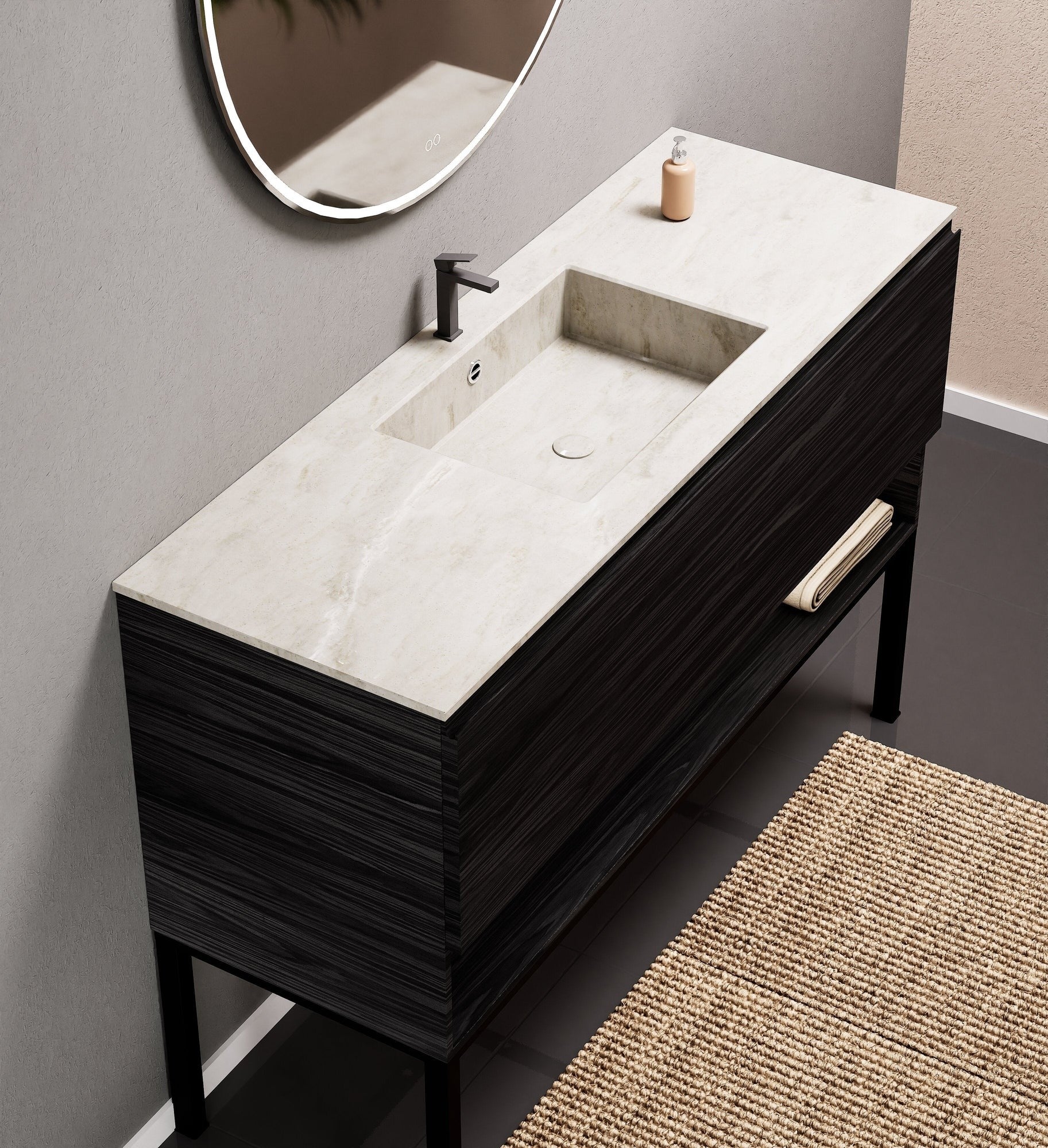 Aurora Single Set with Supporting Legs – Corian Basin & Countertop with 1 Drawer Vanity & Bottom Shelf - ROVALUX