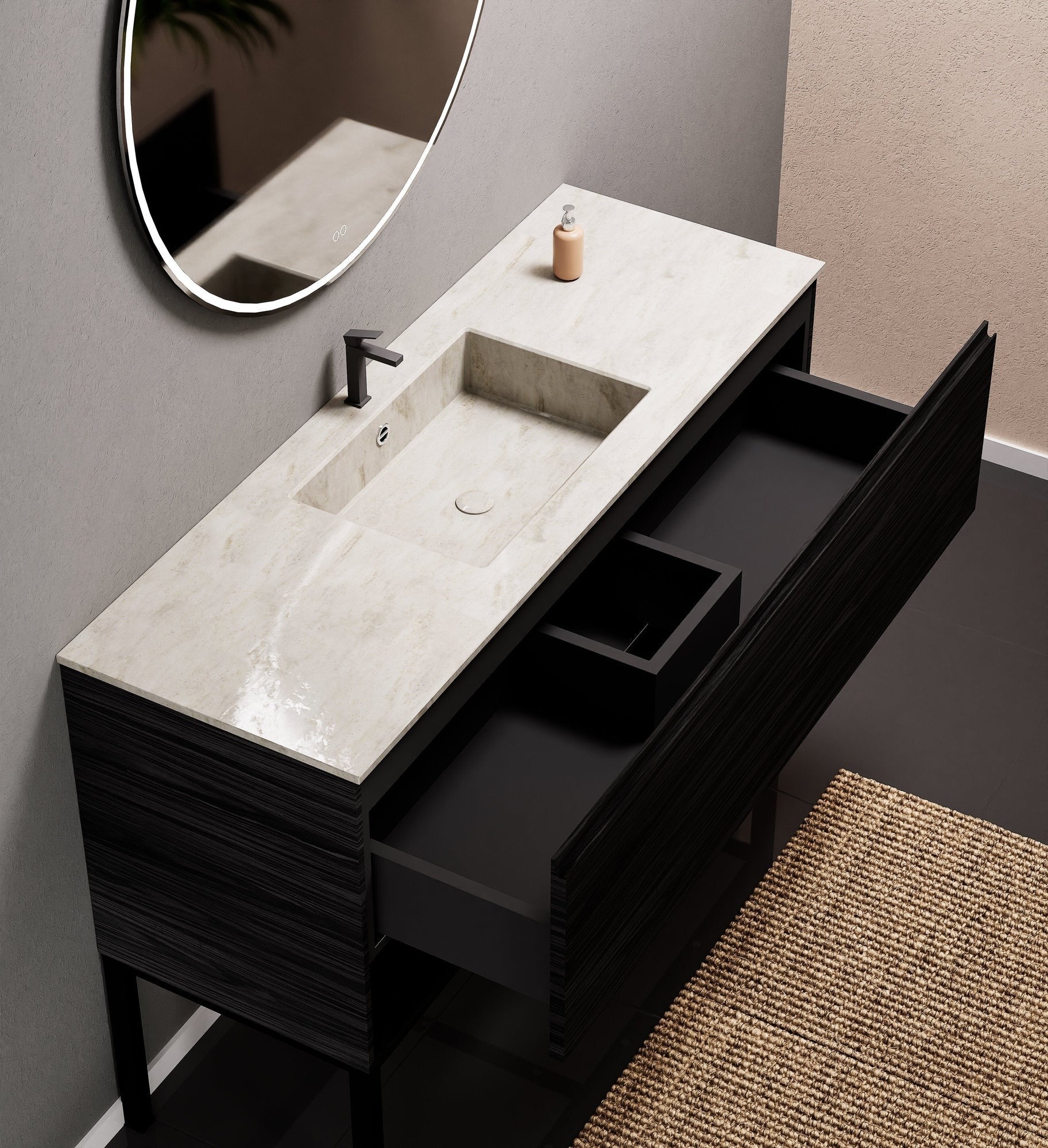 Aurora Single Set with Supporting Legs – Corian Basin & Countertop with 1 Drawer Vanity & Bottom Shelf - ROVALUX