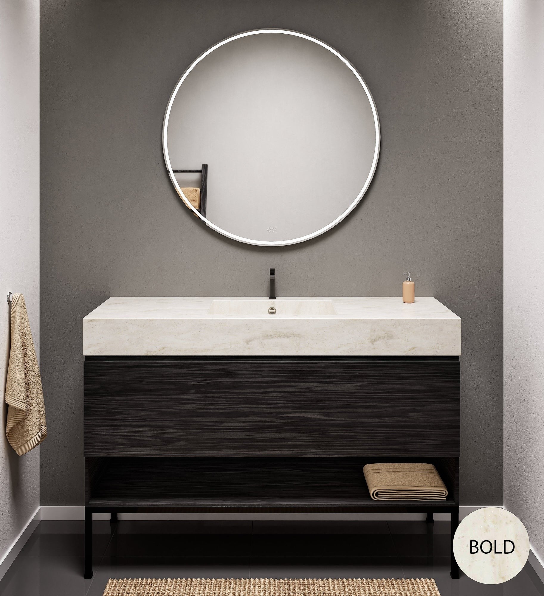 Aurora Single Set with Supporting Legs – Corian Basin & Countertop with 1 Drawer Vanity & Bottom Shelf - ROVALUX