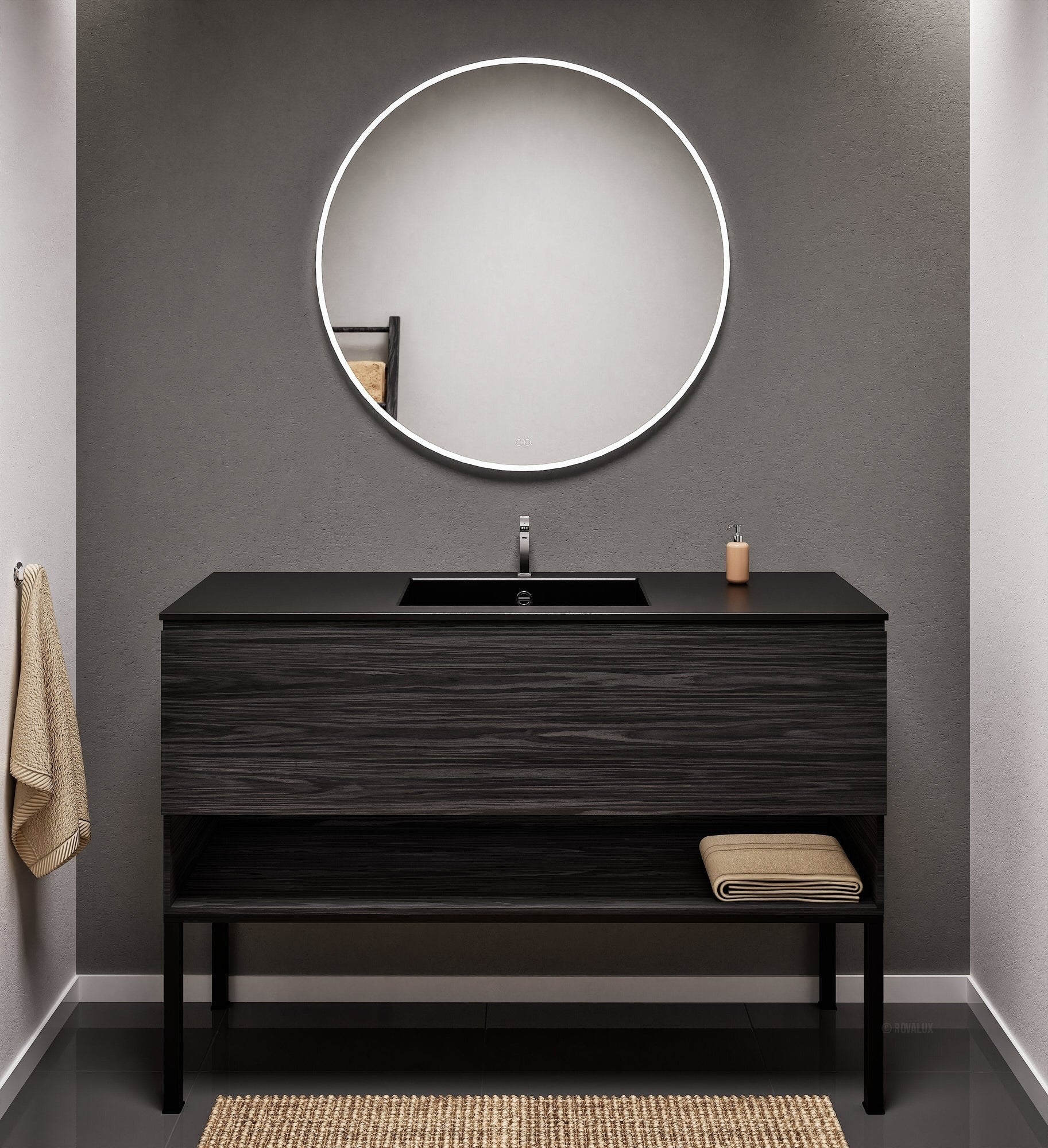 Aurora Single Set with Supporting Legs – Corian Basin & Countertop with 1 Drawer Vanity & Bottom Shelf - ROVALUX