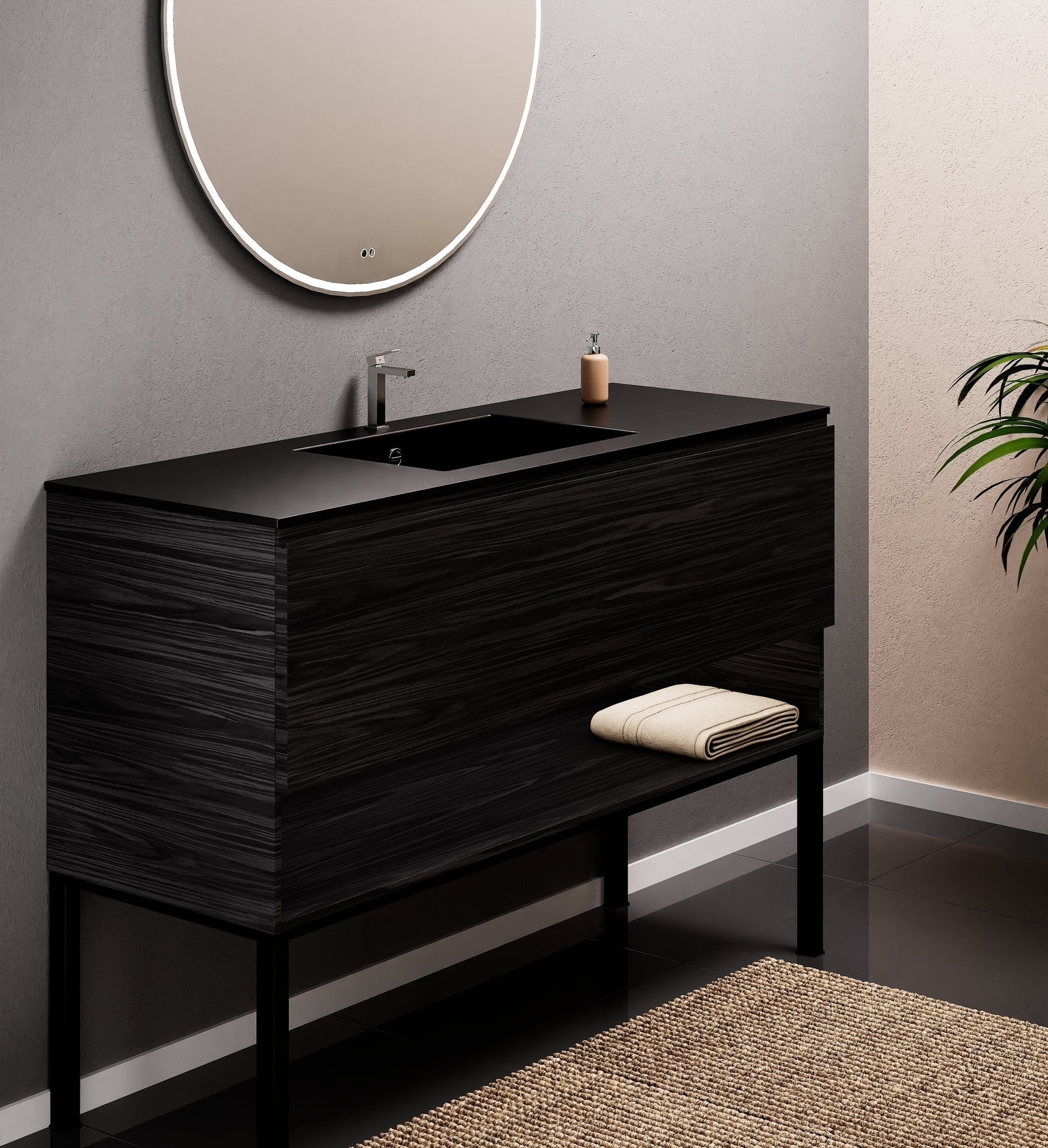 Aurora Single Set with Supporting Legs – Corian Basin & Countertop with 1 Drawer Vanity & Bottom Shelf - ROVALUX